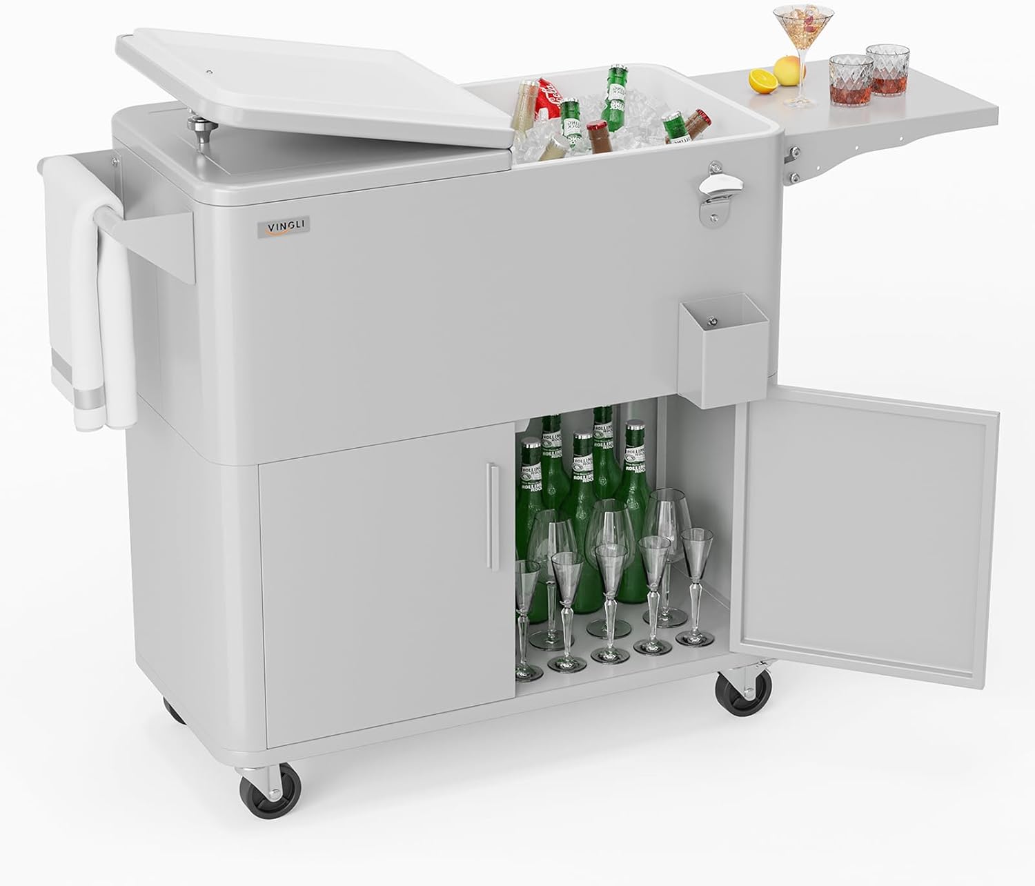 VINGLI Patio Cooler, Ice Chest with Storage Cabinet, Bottle Opener Drainage, Outdoor Cooler for Party, Deck, Pool