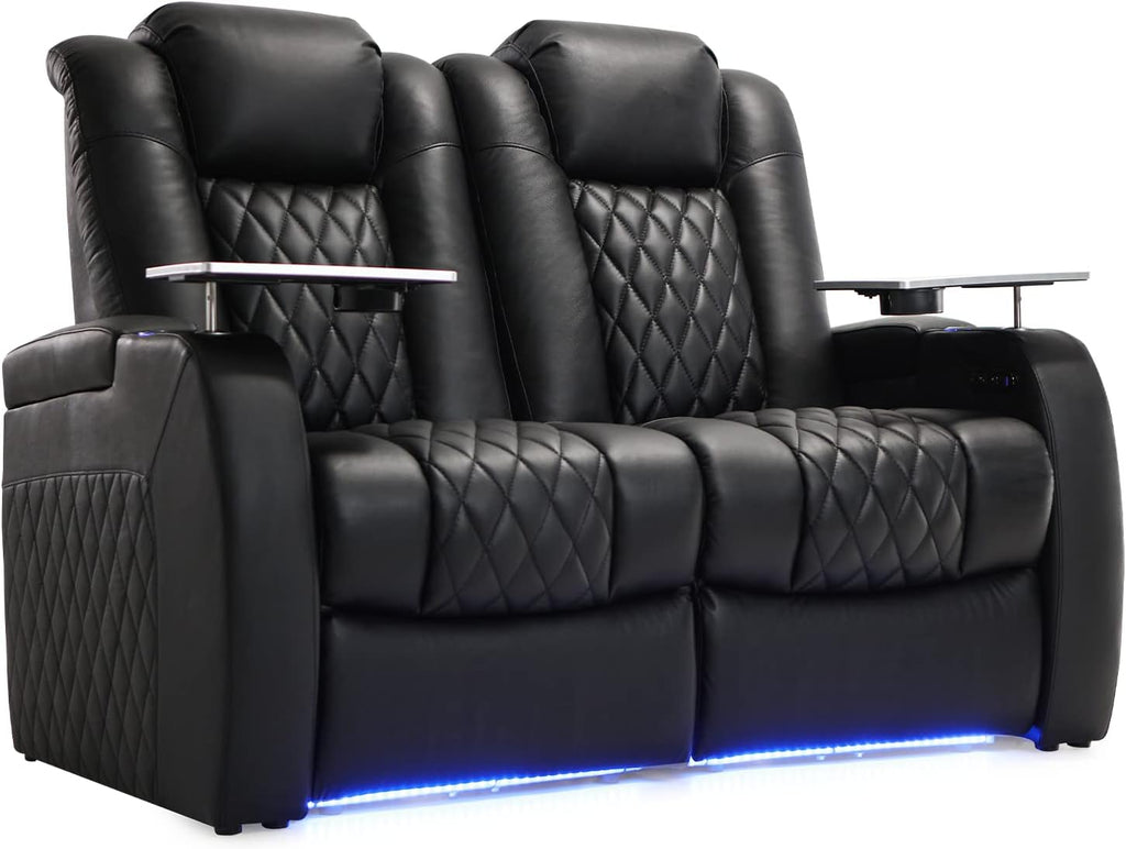 Weilianda Home Theater Seating Top Grain Leather Zero Gravity Recliner Chair Power Headrest Recline Movie Seat Gaming 7 Colors Mood Light Sofa with Tray Table USB Charge Row of 2 Loveseat Black
