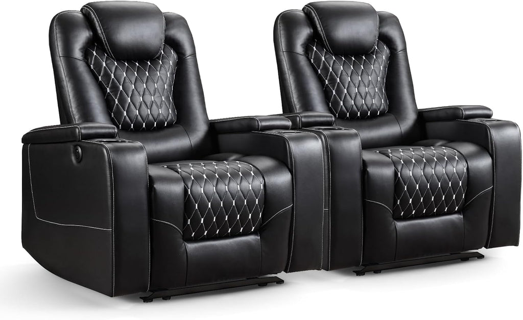ANJ Power Recliner Chair with USB Ports and Cup Holders - Overstuffed Electric Home Theater Seating PU Leather Reclining Furniture with Hidden Arm Storage, Easy to Clean (Set of 2, Black)