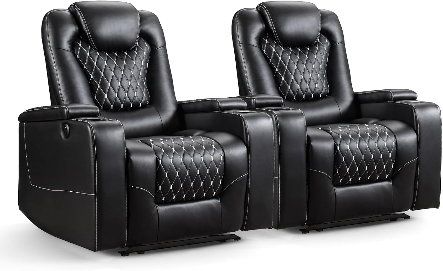 ANJ Power Recliner Chair with USB Ports and Cup Holders - Overstuffed Electric Home Theater Seating PU Leather Reclining Furniture with Hidden Arm Storage, Easy to Clean (Set of 2, Black)