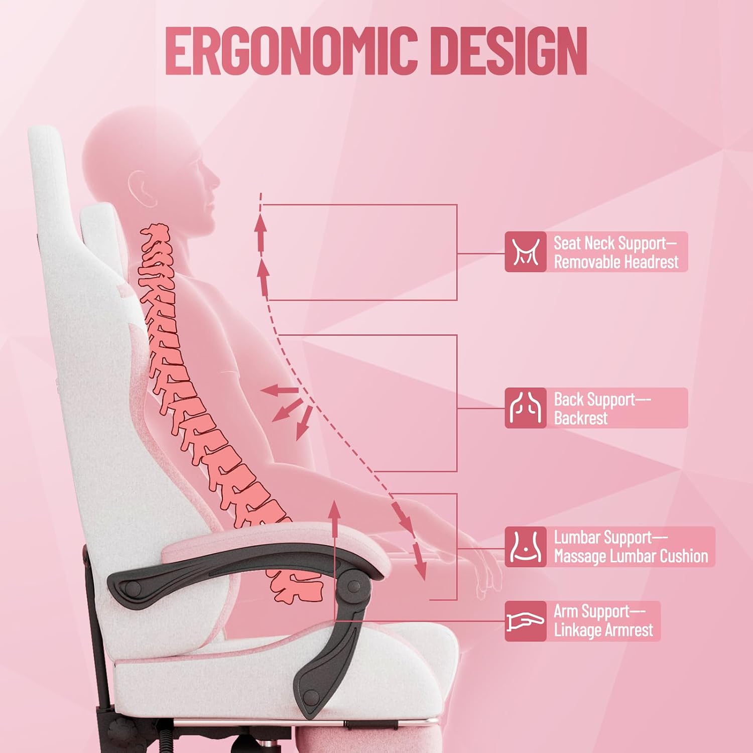 Soontrans Pink Gaming Chair Pink, Fabric Ergonomic Computer Chair with Footrest and Linkage Armrest for Adult, High Back Office Game Chair with Massage Lumbar Support