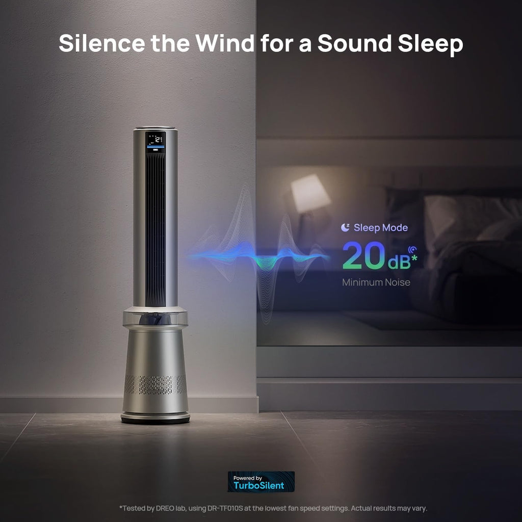 Dreo MC710S Air Purifier Tower Fan, 45' 2-in-1 Smart Fan for Bedroom, 27ft/s Velocity, 120°Oscillation, 24H Timer Bladeless Fans for Home, 25dB Low Noise, Standing Fan Works with Alexa, Silver Blue