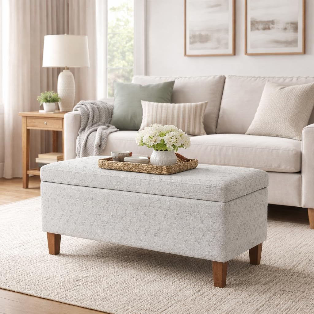Kinfine K6384Np-F2244 Geometric Patterned Fabric Upholstered Wooden Bench with Hinged Storage, Large, Gray and Brown