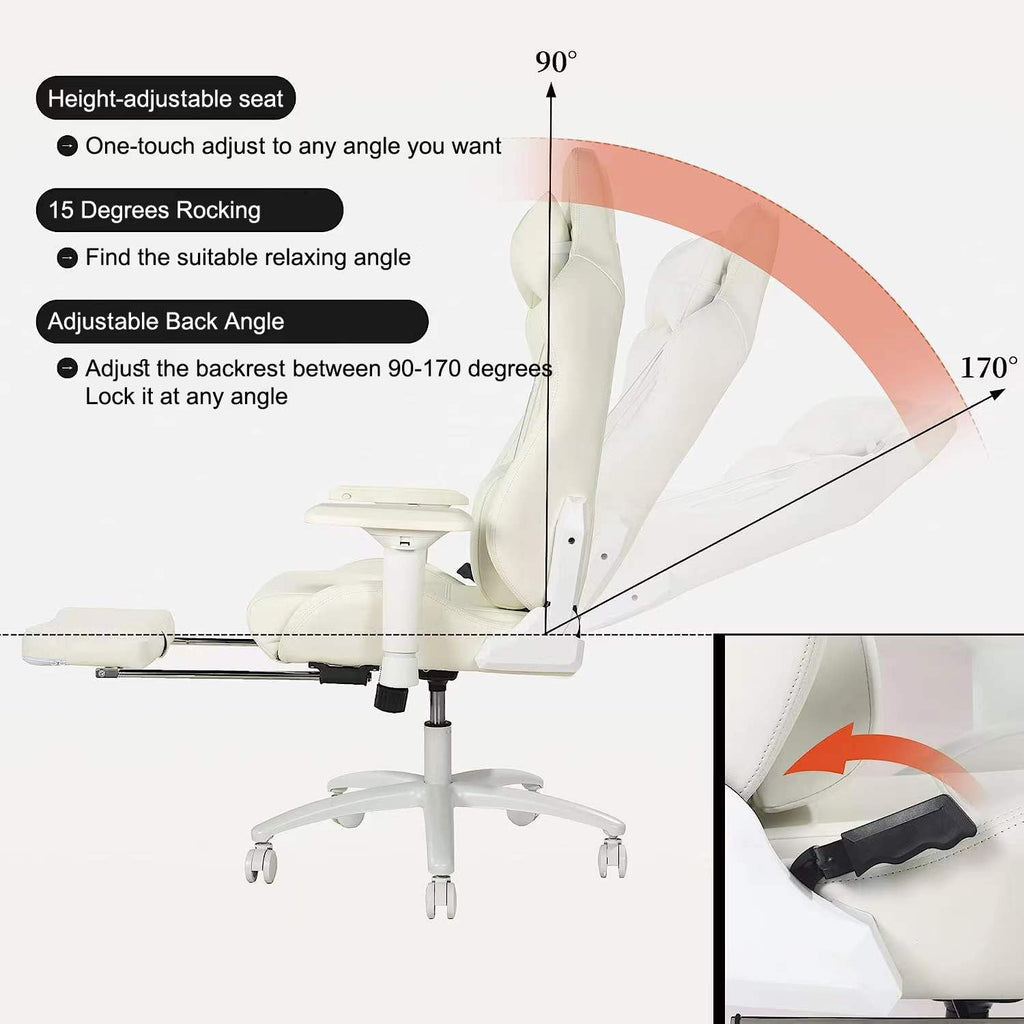 Gaming Chair for Office and Home, Footrest and Seat Height Adjustable Swivel Ergonomic Video Game Chair, Computer Chair with Headrest and Lumbar Support for Adults Big Man Women(White)
