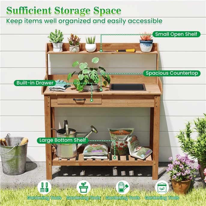 ARNOT Potting Bench,Outdoor Potting Bench Table with Sink and Storage Shelves, Wooden Garden Workstation for Gardening Tools, Planting, and Repotting – Natural Fir Wood (38' x 17' x 50')