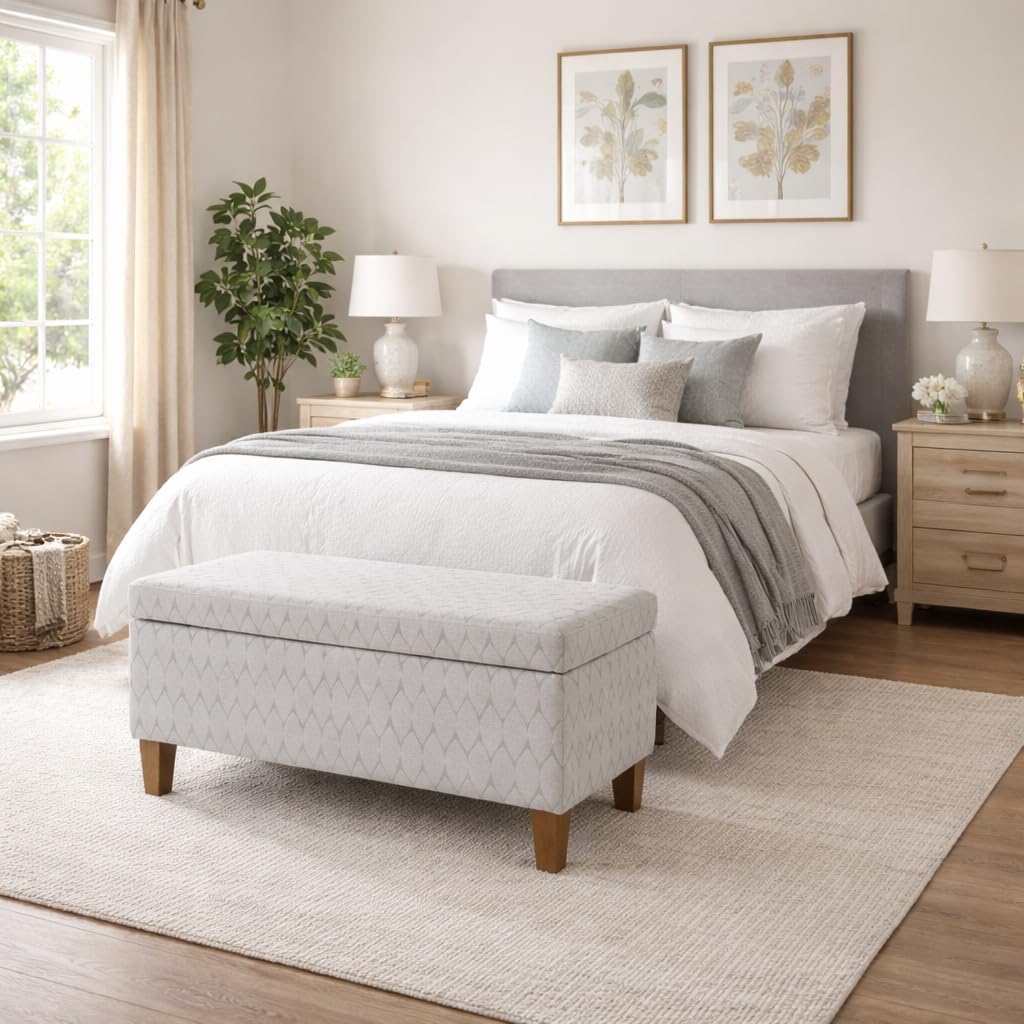 Kinfine K6384Np-F2244 Geometric Patterned Fabric Upholstered Wooden Bench with Hinged Storage, Large, Gray and Brown
