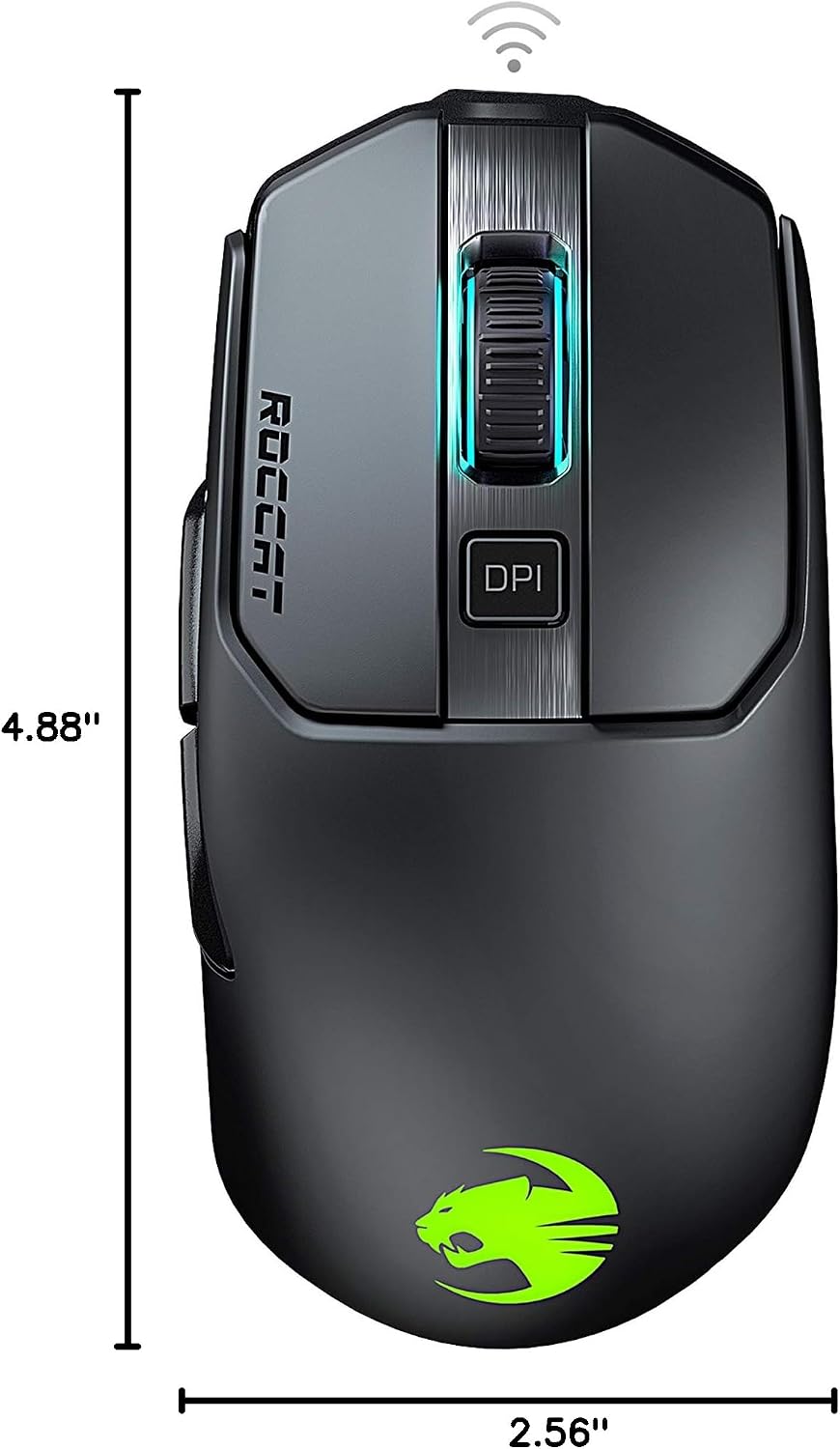 ROCCAT Kain 200 Wireless PC Gaming Mouse, AIMO RGB Backlit Lighting, Owl-Eye Optical Sensor, Ergonomic Mouse Feel, 5 Side Buttons, Adjustable Up to 16,000 DPI, Up to 50 Hour Battery Life, Black