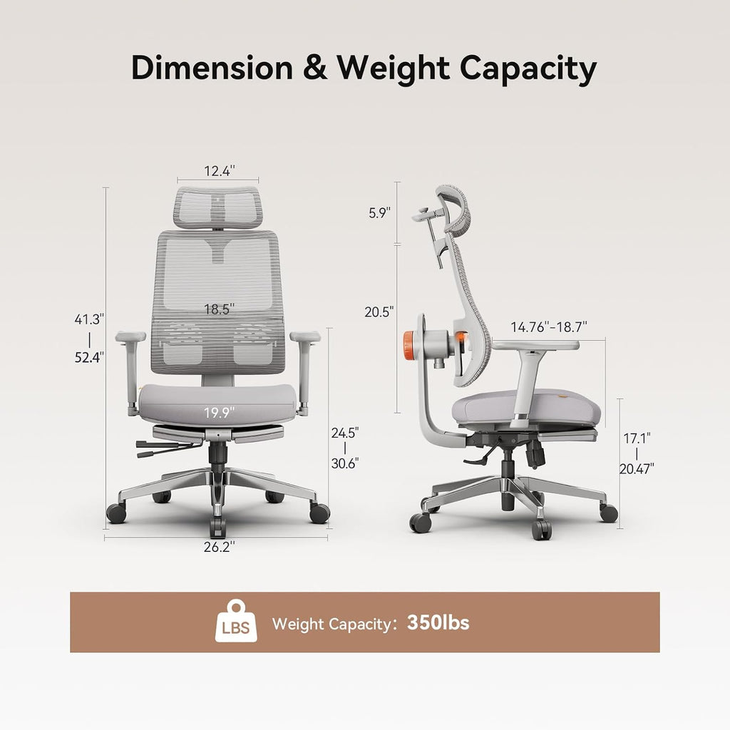 Newtral Office Chair Ergonomic with Footrest, Auto-Following Lumbar Support, High Back Desk Chair with 4D Armrest,136° Tilt Lock, Adjustable Seat Depth & Height (Supreme, Grey)