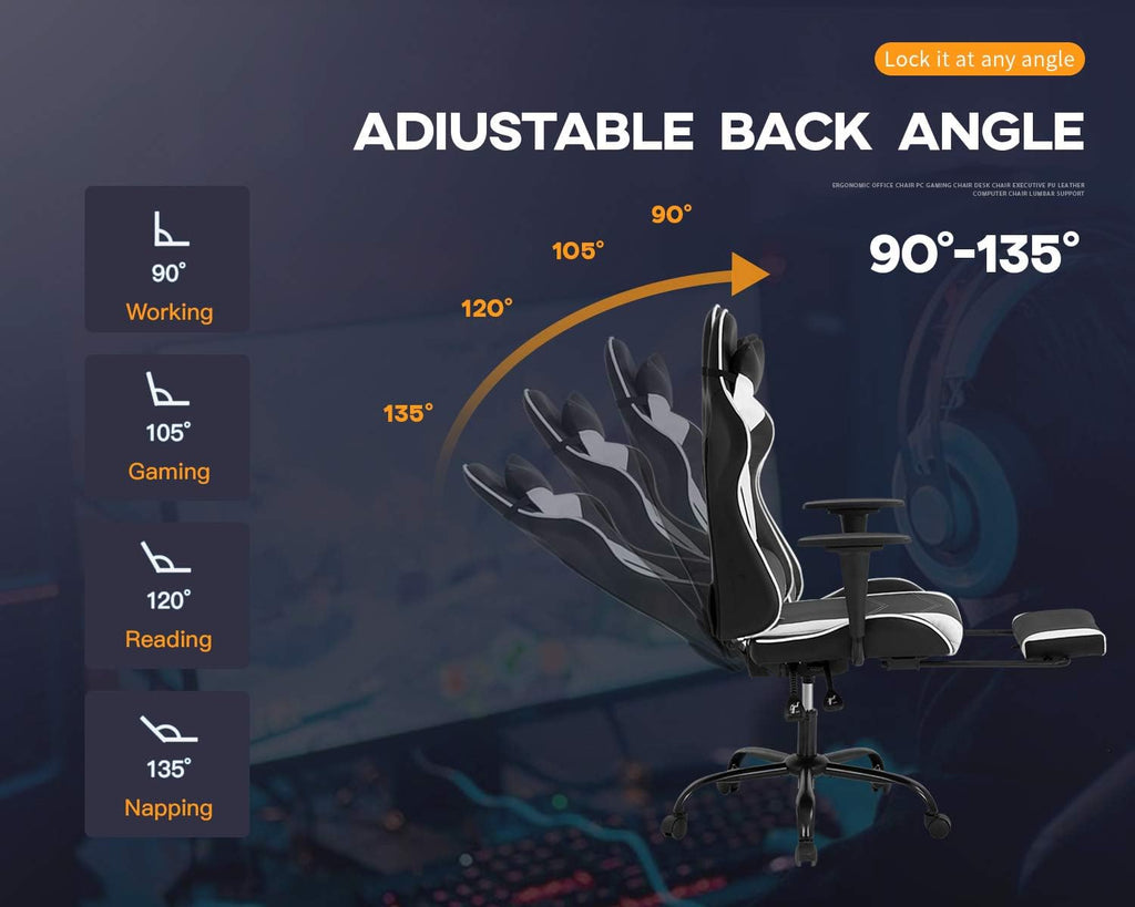 BestOffice Ergonomic PC Racing Gaming Chair Cheap Office Desk Chair PU Leather Computer Chair Lumbar Support with Footrest Modern Task Rolling Swivel Chair for Women, Men(White)