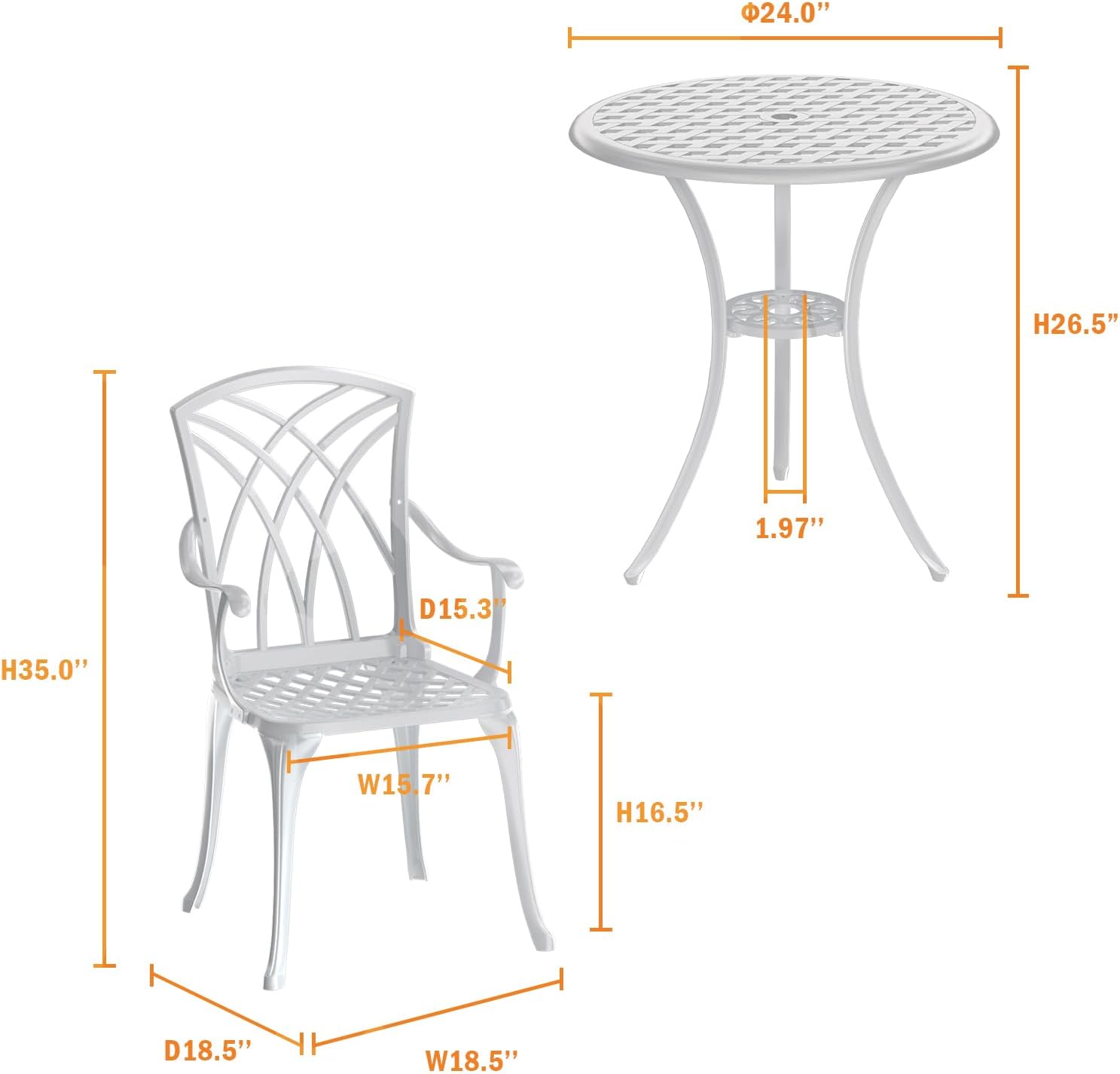Patio Bistro Set 3 Piece, Cast Aluminum Bistro Set for 2 w/Umbrella Hole, Outdoor Table and Chairs Set of 2, Bistro Set for Balcony/Backyard/Garden, White