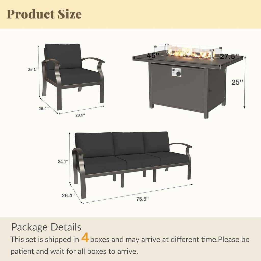 Aluminum Patio Furniture Set with 55,000 BTU Propane Fire Pit Table,5 Seats Metal Modern Outdoor Furniture w/5.1' Cushions,Patio Sectional for Backyard,Patio,Black