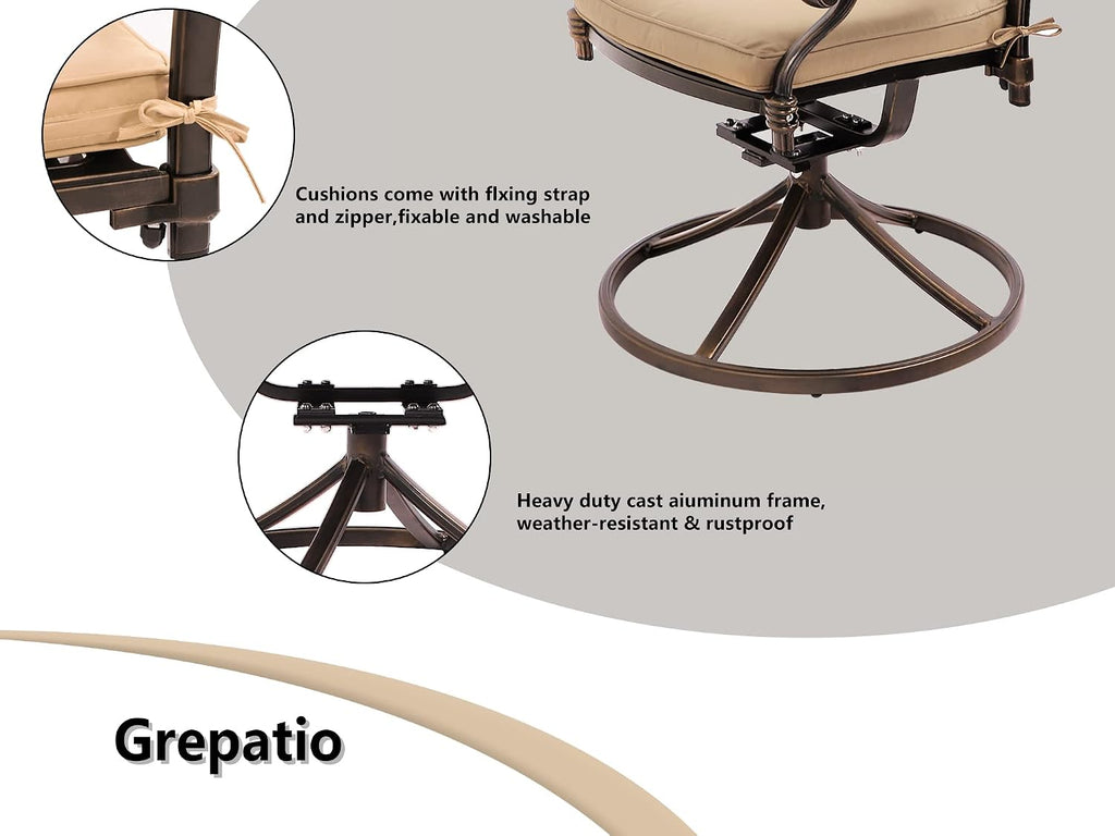 Grepatio 5 Piece Outdoor Dining Set Cast Aluminum Patio Table and Chairs Outside Furniture 4 Mesh Swivel Chairs with Khaki Cushion and 1 Umbrella Hole Round Dining Table for Lawn Garden (Grid Khaki)