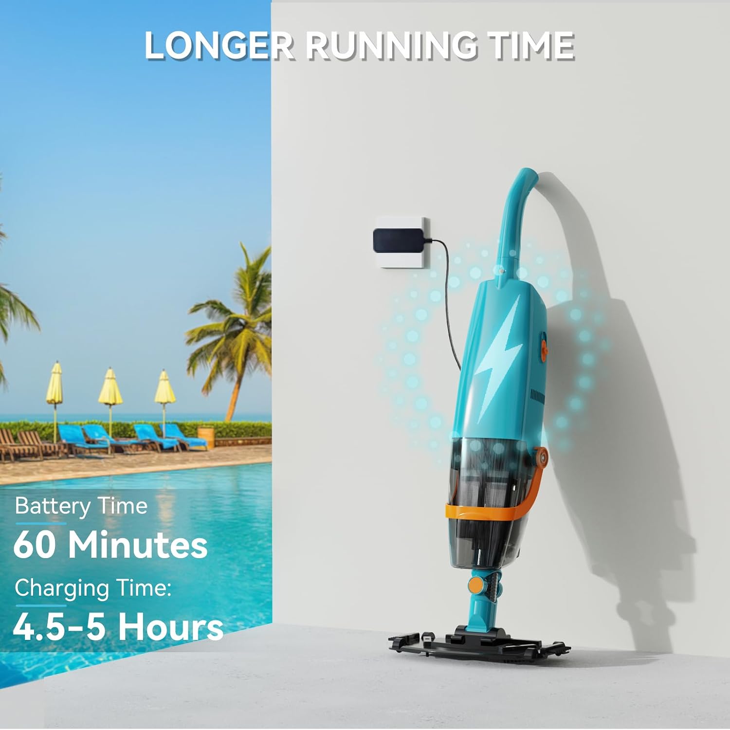 LVKE L2 Cordless Handheld Pool Vacuum for Above Ground Pool with Telescopic Pole, 30W Strong Suction, 1H Runtime, High-Efficiency Screen & Fine Sponge Trap Leaves & Grit Ideal for Pool Cleaning, Blue