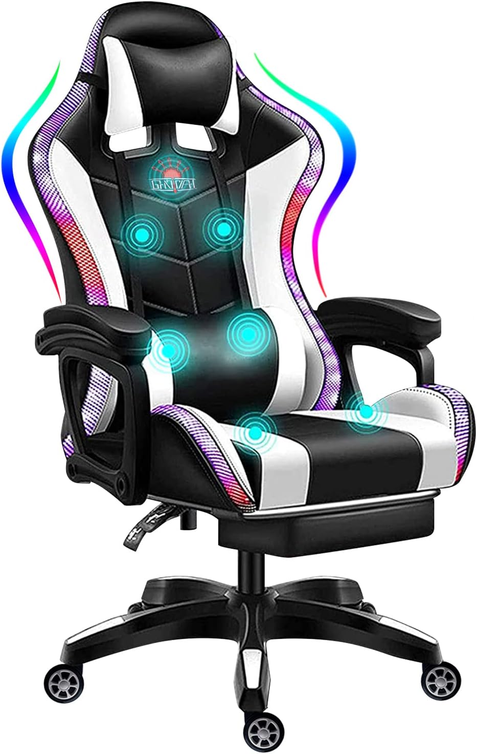 Gaming Chair with LED RGB Lights with Massage and Footrest Ergonomic Computer Chair High Back Video Game Chair with Adjustable Lumbar Support Linkage Armrest,White