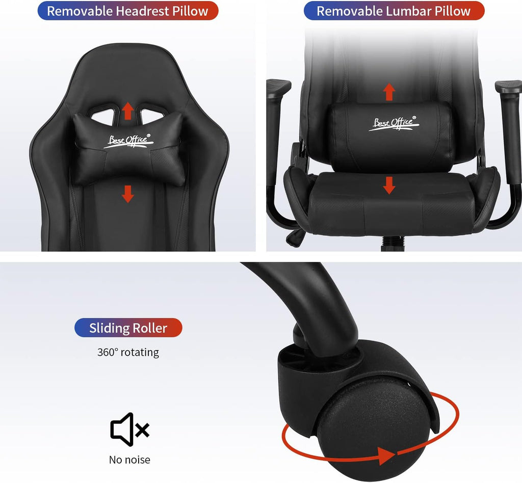 Gaming Chair Office Chair Desk Chair with Lumbar Support Headrest Armrest Task Rolling Swivel Ergonomic E-Sports Adjustable PC Gamer Chair Black