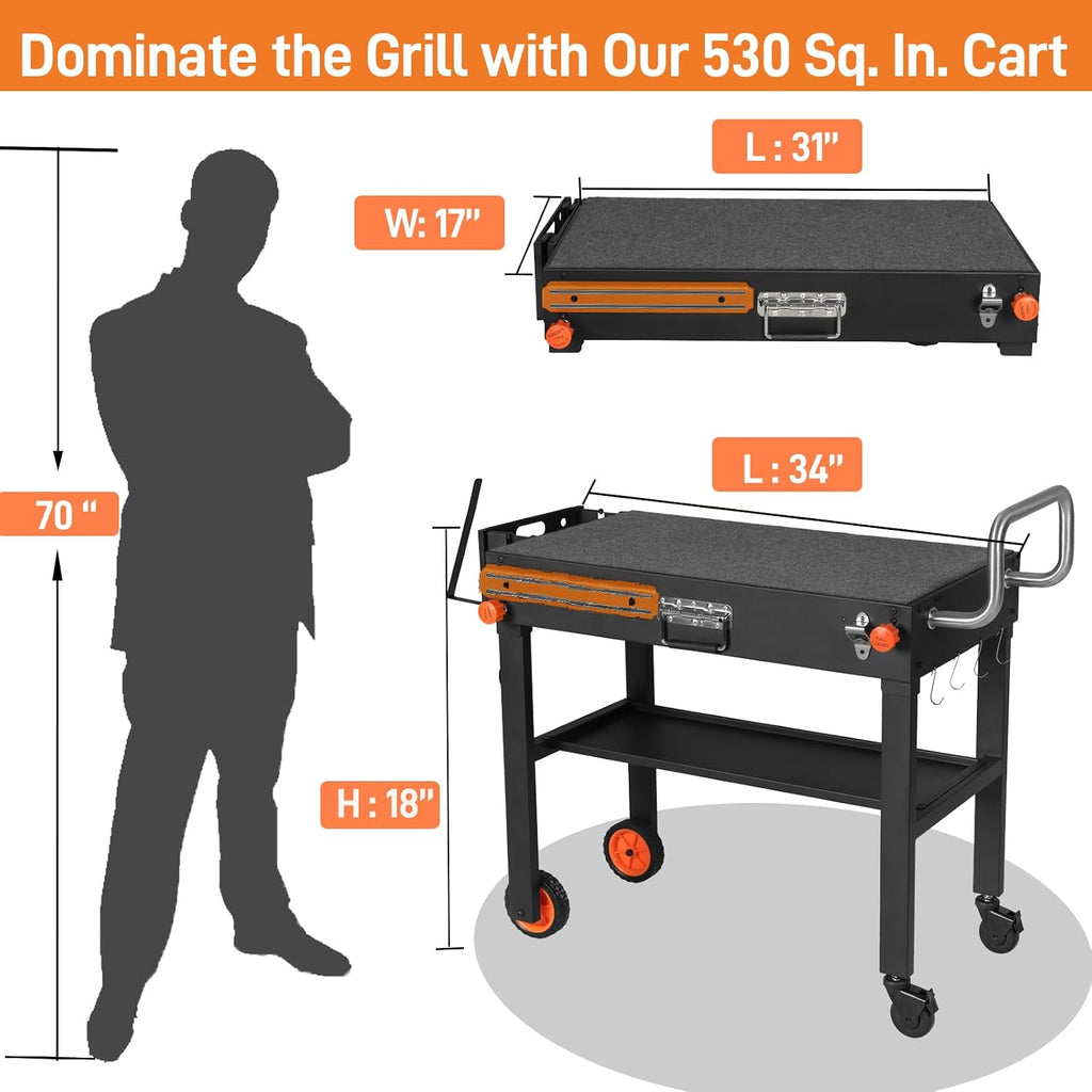 Rolling Grill Cart with Spice Rack, Blackstone Stand for 17'& 22' Griddle, Grill Stand with Storage Shelf, Griddle Table for Ninja, Weber, Portable Grills Table for Patio, Backyard, Camping