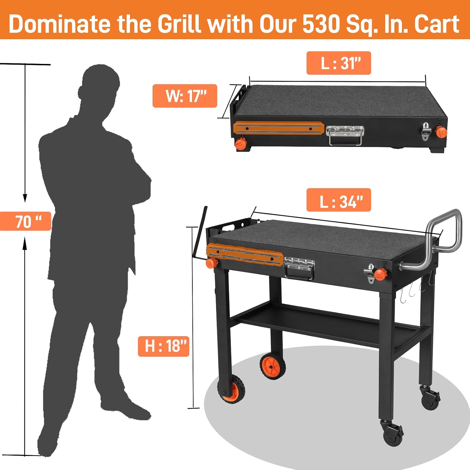 Rolling Grill Cart with Spice Rack, Blackstone Stand for 17'& 22' Griddle, Grill Stand with Storage Shelf, Griddle Table for Ninja, Weber, Portable Grills Table for Patio, Backyard, Camping