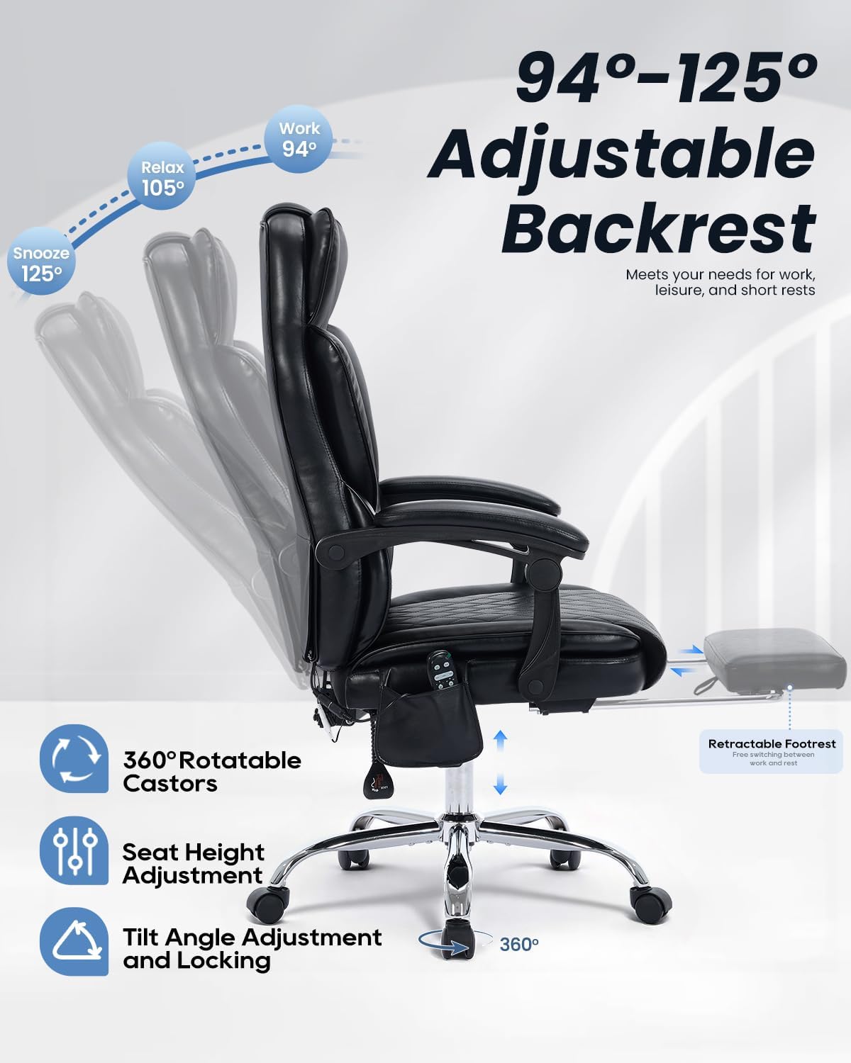 500LBS Massage Office Chair with Foot Rest, 6 Points Vibration and Heat Home Office Desk Chairs, 22.05' Wide Big and Tall Office Chair for Heavy People, Ergonomic Reclining Gaming Chairs, Black