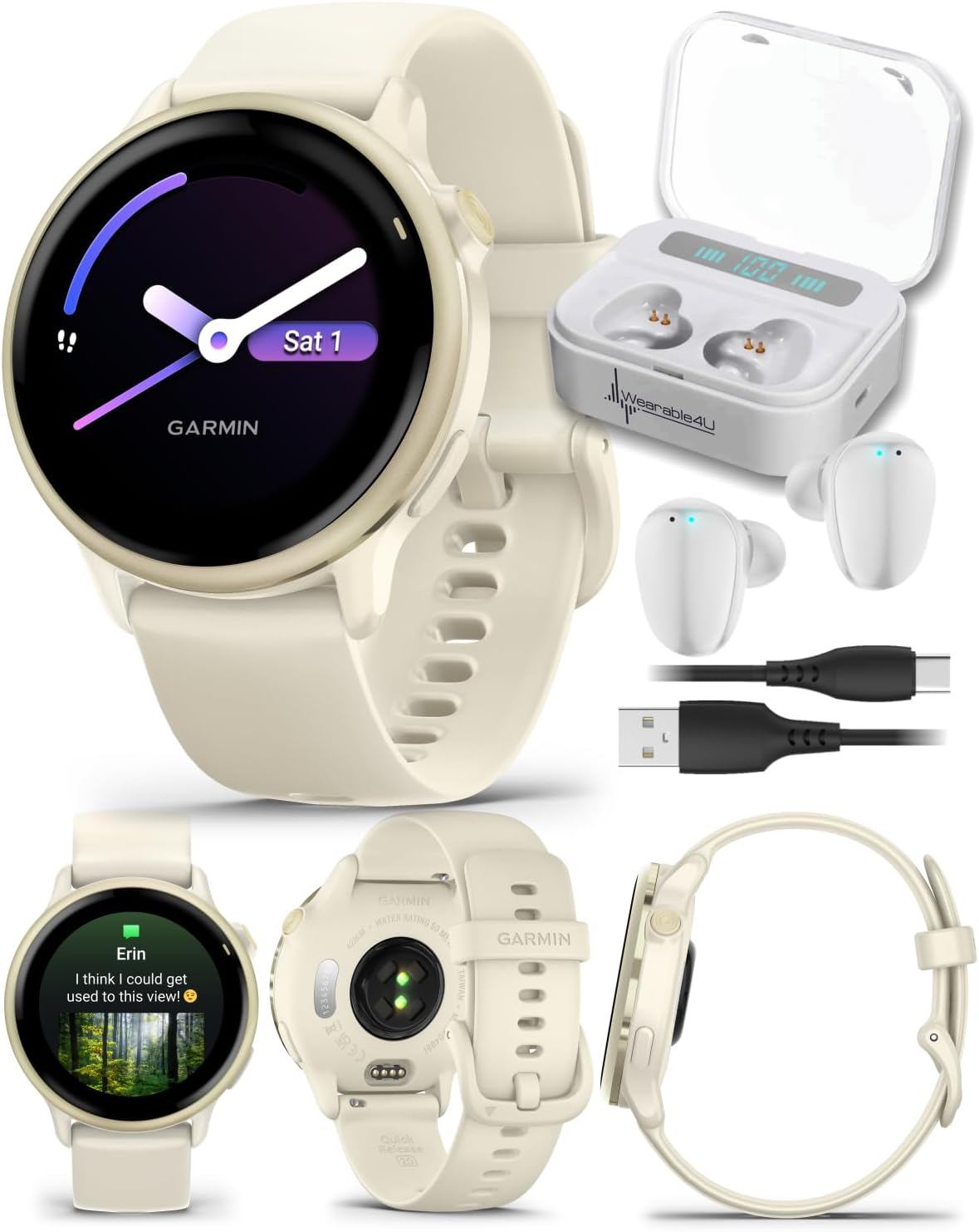Garmin Vivoactive 6 - Health & Fitness Smartwatch, 1.2 in Bright AMOLED Display, GPS Sports Tracking, Up to 11 Days of Battery, Lunar Gold with Bone Band w PowerBank Bundle
