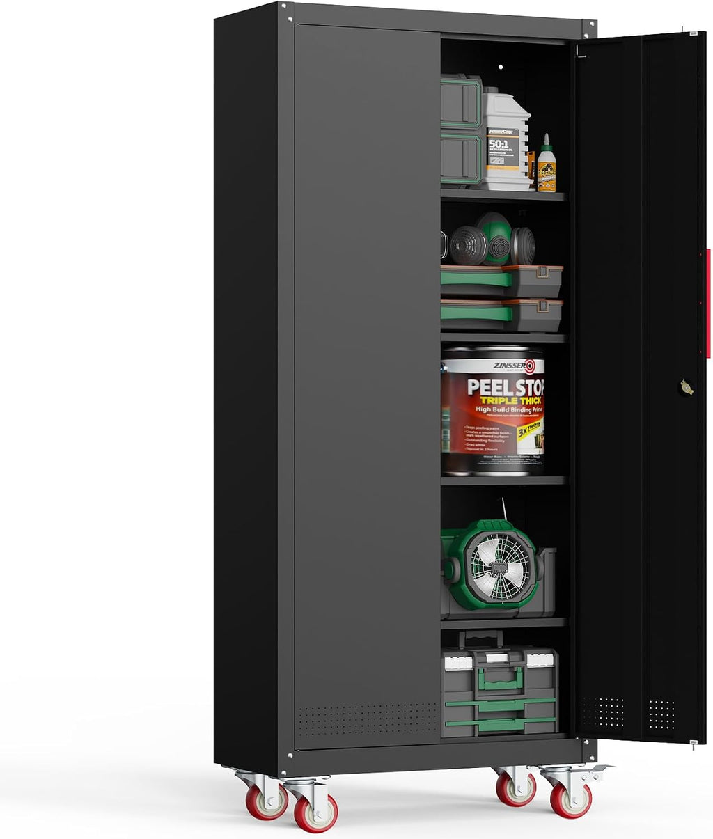 Kelueo 71' H Garage Storage Cabinet with Wheels,Metal Cabinets with 4 Adjustable Shelves and 2 Locking Doors for Garage,Home,Office,Shop,Black
