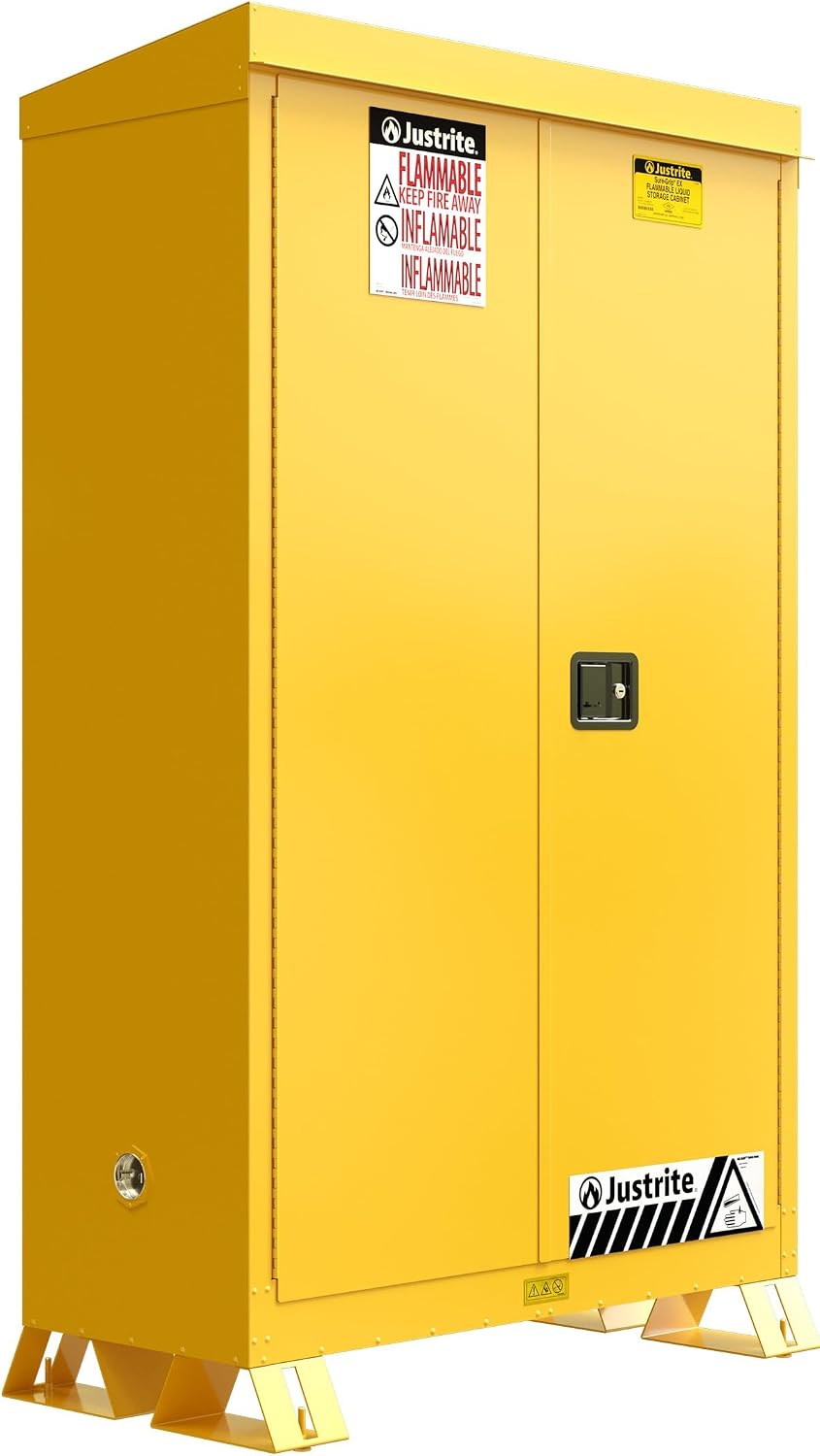 Justrite Reinforced Steel Outdoor Flammable Liquid Storage Cabinet, 2 Shelves with 350 lb. Capacity, 2 Self-Close Door Fire Cabinet, 45 Gallon, 65'x 43'x 18', Made in The USA, Yellow, 814520