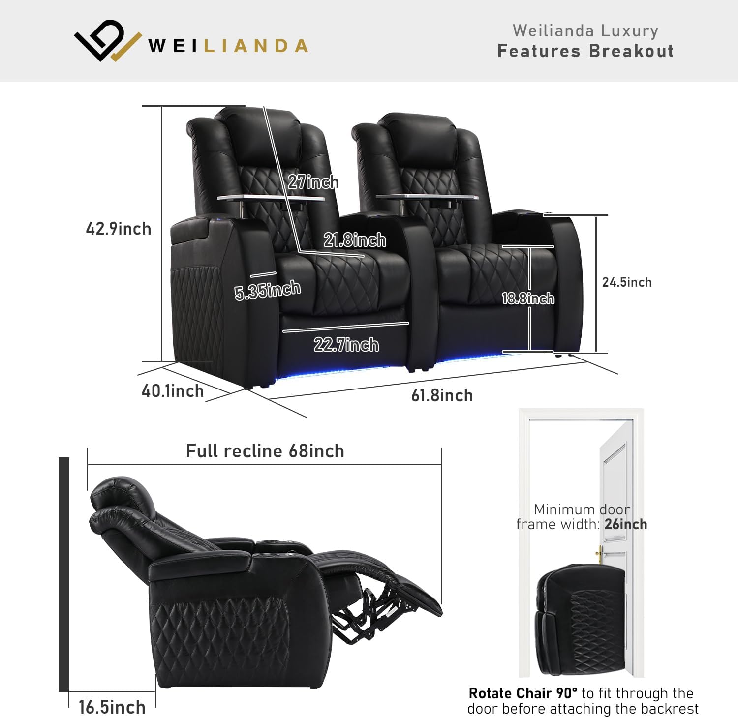 Weilianda Home Theater Seating Top Grain Leather Zero Gravity Recliner Chair Power Headrest Recline Movie Seat Gaming 7 Colors Mood Light Sofa with Tray Table USB Charge Row of 2 Black