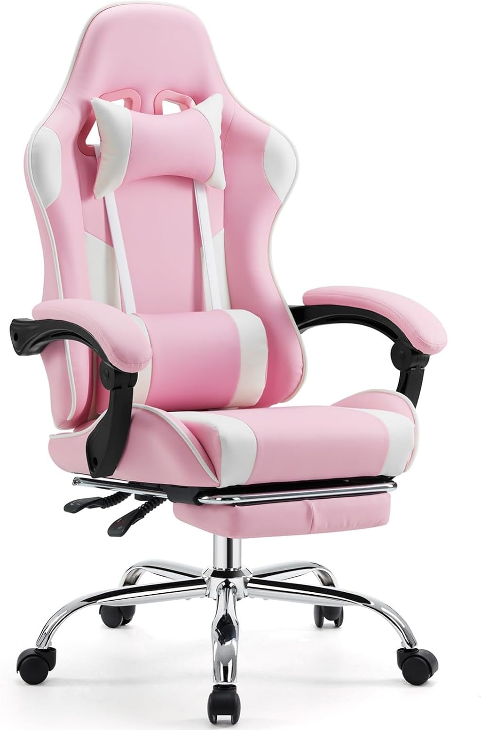 Heavy Duty Gaming Chair, Ergonomic Gamer Chair for Home Office with Footrest, Lumbar Support, Adjustable Backrest, Stable 360° Swivel Wheels for Adults, Professional Gamers and Teens, Pink