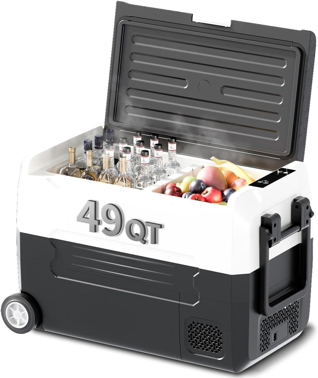 TABU 49QT Portable Car Refrigerator, 12V Dual Zone Freezer& Cooler with 12/24V DC&110/240V AC,Car Fridge with Wheels,Low Noise,-4℉~68℉, for Camping, Travel, RV (Black)