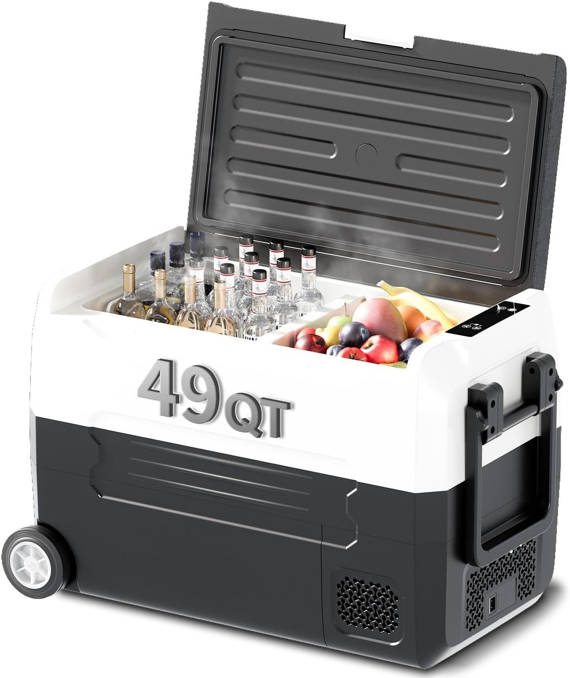 TABU 49QT Portable Car Refrigerator, 12V Dual Zone Freezer& Cooler with 12/24V DC&110/240V AC,Car Fridge with Wheels,Low Noise,-4℉~68℉, for Camping, Travel, RV (Black)