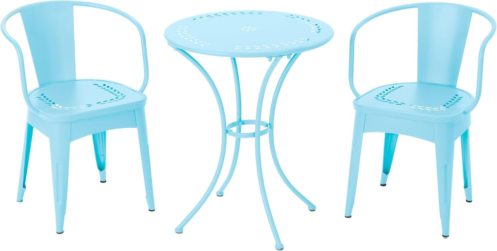 Merax 3 Pieces Bistro Set Iron Retro Bistro Table and Chairs Set of 2 Outdoor Dining Table Set for 2, Round Tabletop, All-Weather for Porch Patio Balcony Lawn Garden (Light Blue)