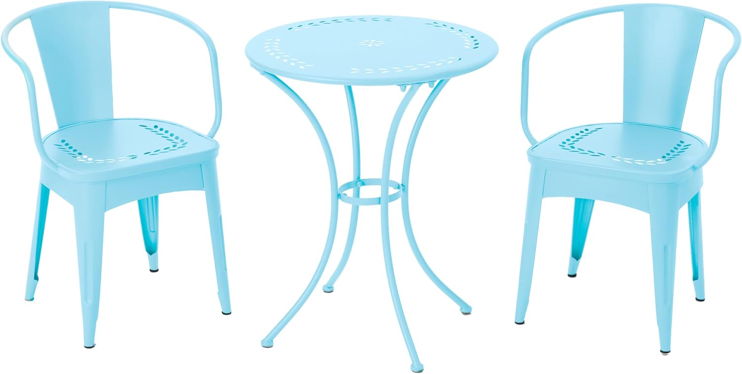 Merax 3 Pieces Bistro Set Iron Retro Bistro Table and Chairs Set of 2 Outdoor Dining Table Set for 2, Round Tabletop, All-Weather for Porch Patio Balcony Lawn Garden (Light Blue)