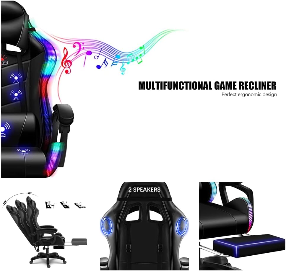 Video Gaming Chair with Speakers and RBG Lights,PC Chair with 7-Point Massage Lumbar Support and Footrest,Office Ergonomic Gaming Chair Adjustable Back and Armrest,Adult Gaming Chair.,White