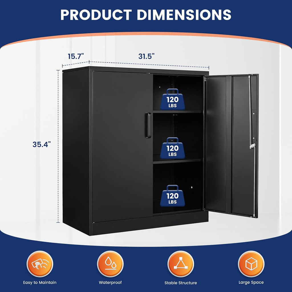 Yizosh Metal Garage Storage Cabinet with 2 Doors and 2 Adjustable Shelves - 35.5' Steel Lockable File Counter Cabinet for Home Office,Garage,Gym,School（Black）