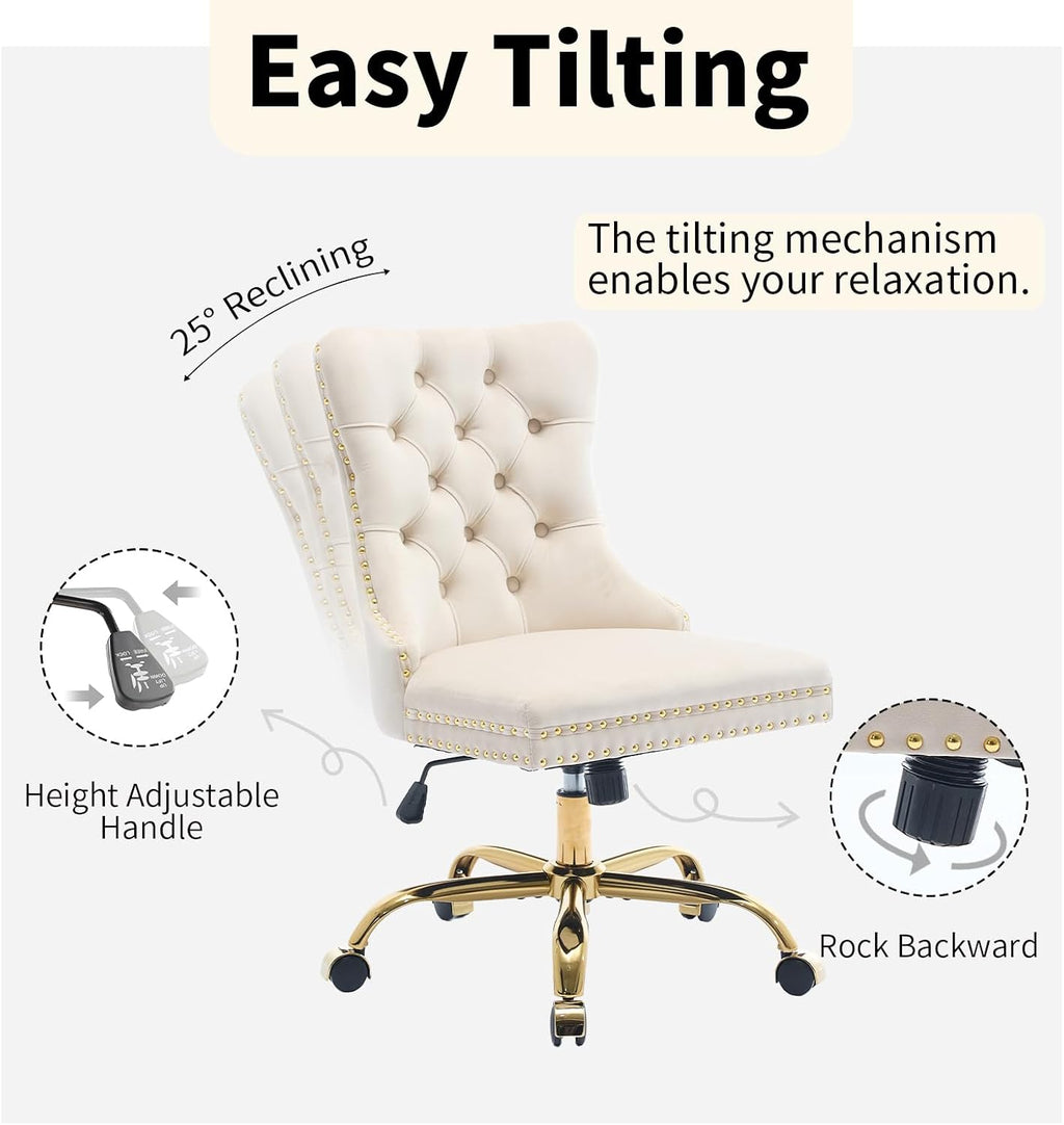Beige Velvet Home Office Desk Chair with Wheels & Gold Base, Cute Makeup Vanity Chair with Tufted Back for Women Girls, Upholstered Adjustable Swivel Armless Office Chair for Bedroom, Beige