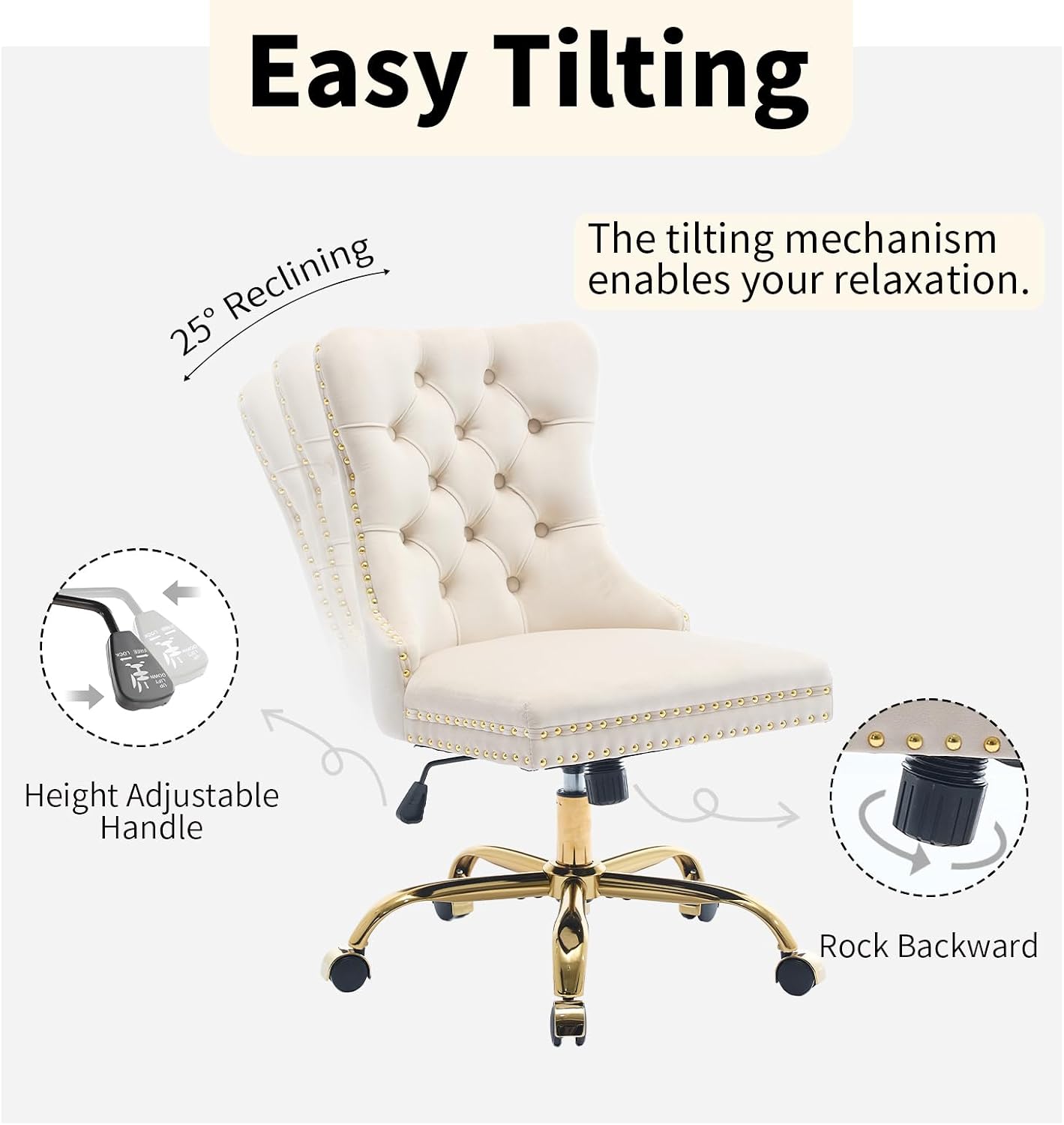 Beige Velvet Home Office Desk Chair with Wheels & Gold Base, Cute Makeup Vanity Chair with Tufted Back for Women Girls, Upholstered Adjustable Swivel Armless Office Chair for Bedroom, Beige