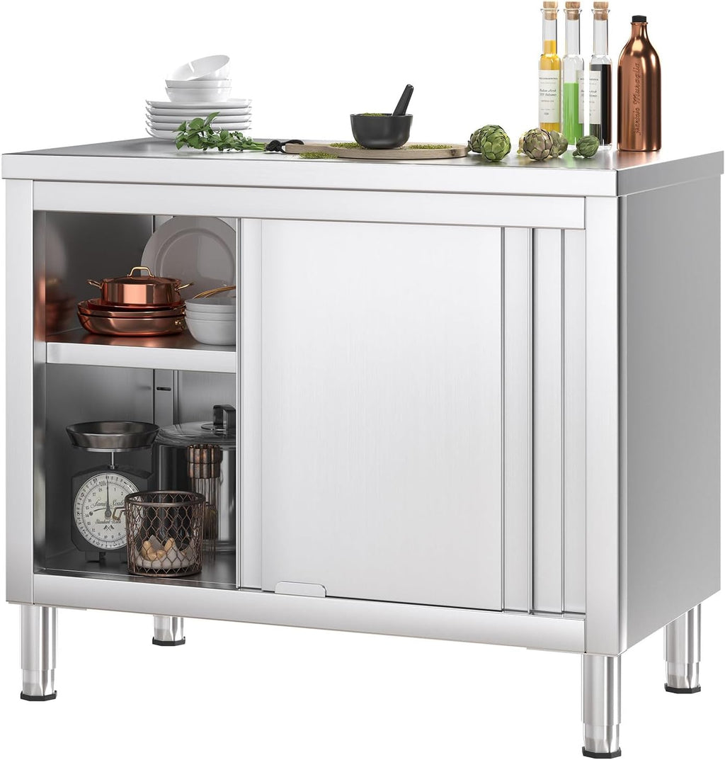 Stainless Steel Work Table with Cabinet 39'x20',Commercial Kitchen Workbench with Sliding Doors for Prep Work, Heavy Duty Prep Table for Restaurant,Garage,Warehouse