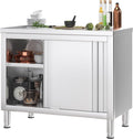 Stainless Steel Work Table with Cabinet 39'x20',Commercial Kitchen Workbench with Sliding Doors for Prep Work, Heavy Duty Prep Table for Restaurant,Garage,Warehouse