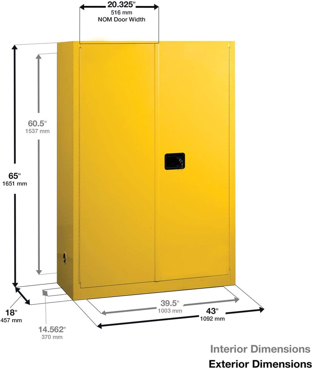 Justrite 45 Gallon Self Close Flammable Storage Cabinet, 18 Gauge Steel, 2 Shelves, 2 Door Fire Cabinet, 65' x 43' x 18', Made in The USA, Yellow, 894520