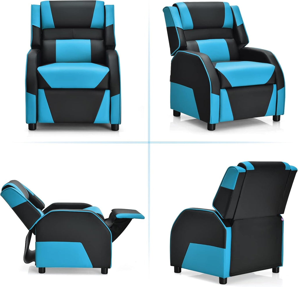 COSTWAY Kids Recliner Sofa, Toddler Leather Recliner with Adjustable Footrest & Headrest, Gaming Reclining Chair for Boys Girls Aged 3 Years Up, Kid-Sized Lounge Chair for Living Room (Blue)