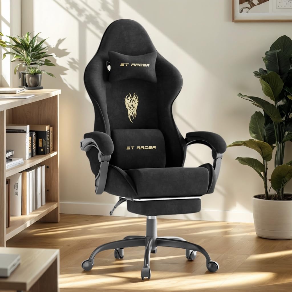Soontrans Comfortable Video Gamer Chairwith Footrest, Ergonomic Velvet Fabric Gaming Chair for Adult, Reclining Desk Game Office Computer Chairs with Massage Lumbar Cushion,Headrest