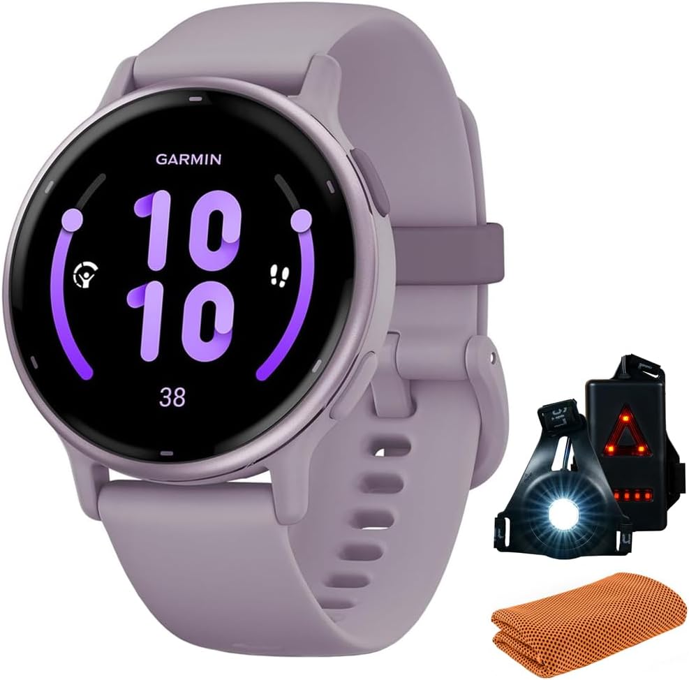 Garmin 010-02862-13 Vivoactive 5 Fitness Smartwatch, Orchid | Official USA Partner Model | Bundle with Workout Cooling Sport Towel and Deco Essentials Wearable Commuter Front and Rear Safety Light