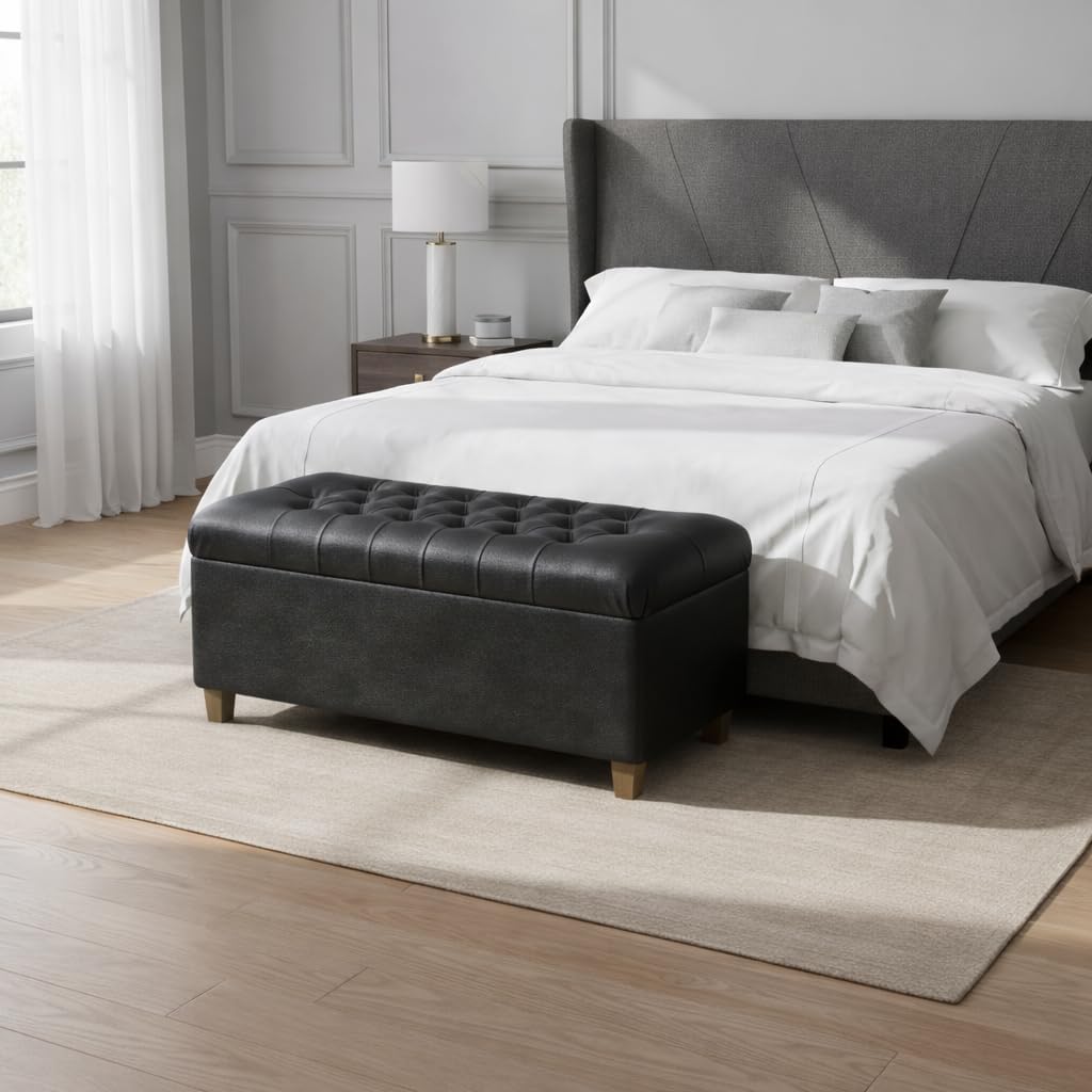 Homepop Home Decor | Button Tufted Storage Bench | Ottoman Bench with Storage for Living Room & Bedroom, Black Faux Leather