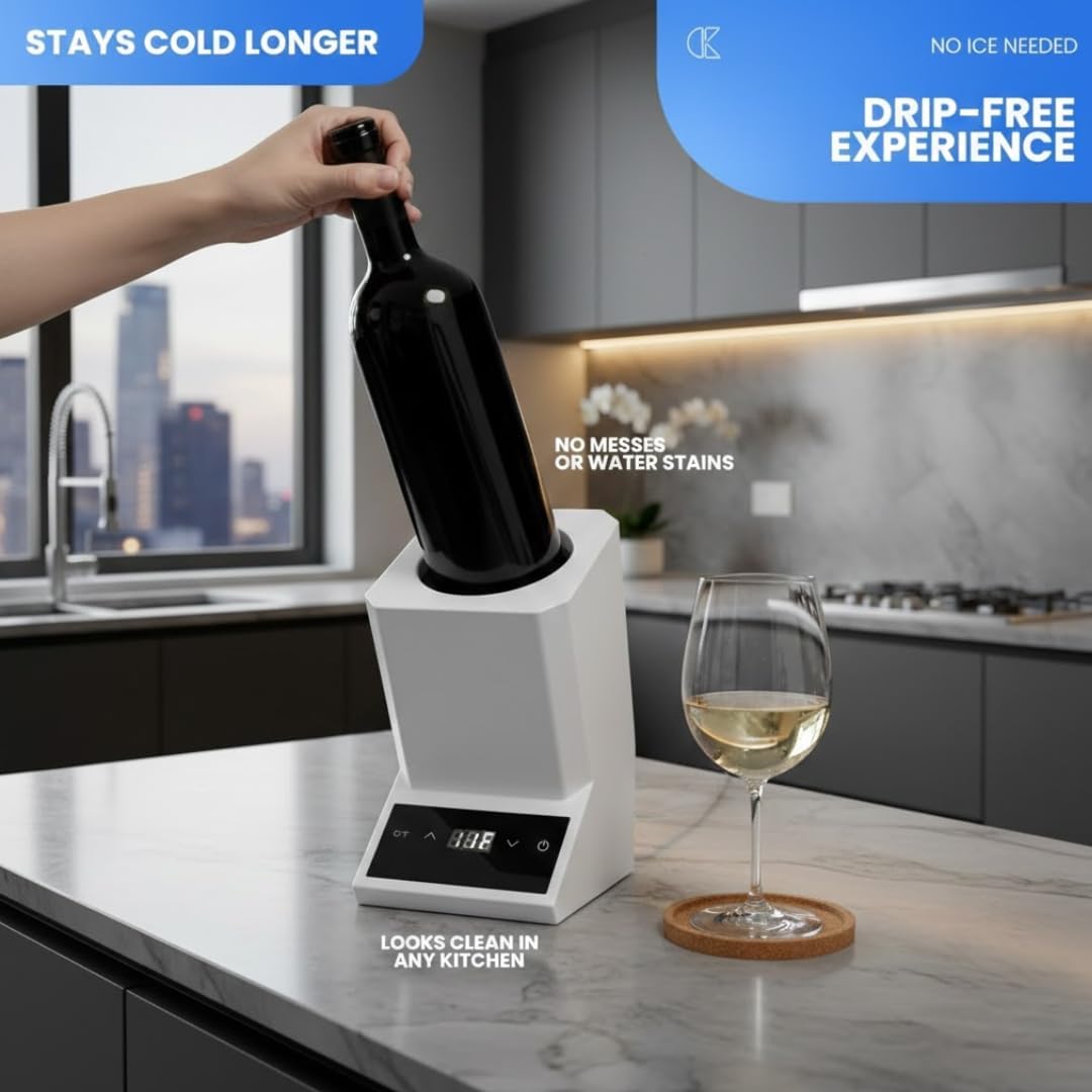 Electric Wine Chiller | Single Bottle Portable Wine Cooler with LED Touch Display & Adjustable Temperature | Sleek Iceless Wine Chilling for Modern Kitchens