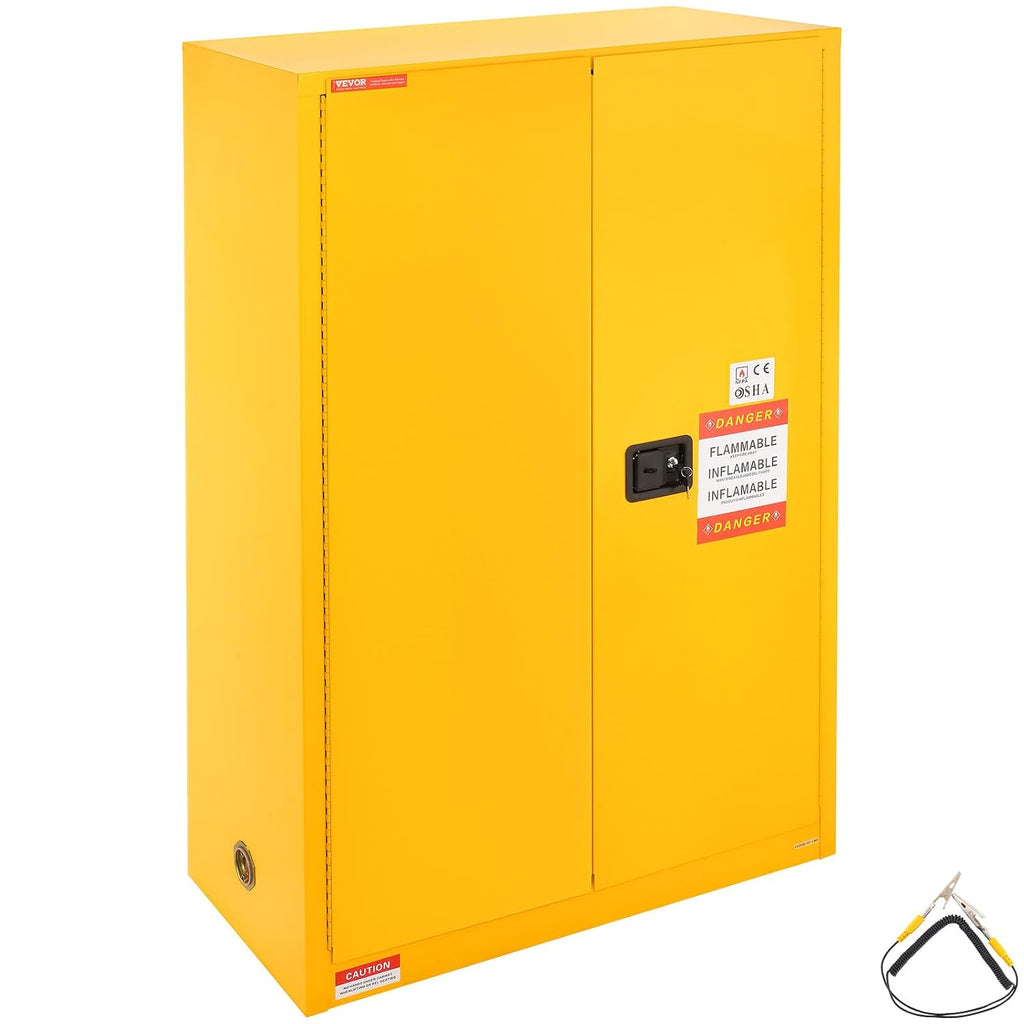 VEVOR Flammable Cabinet 18' x 43' x 65', Cold-Rolled Steel Flammable Liquid Storage Cabinet, 45 Gal in Explosion Proof with 2 Adjustable Shelves 2 Manual Doors for Industrial Use, Yellow