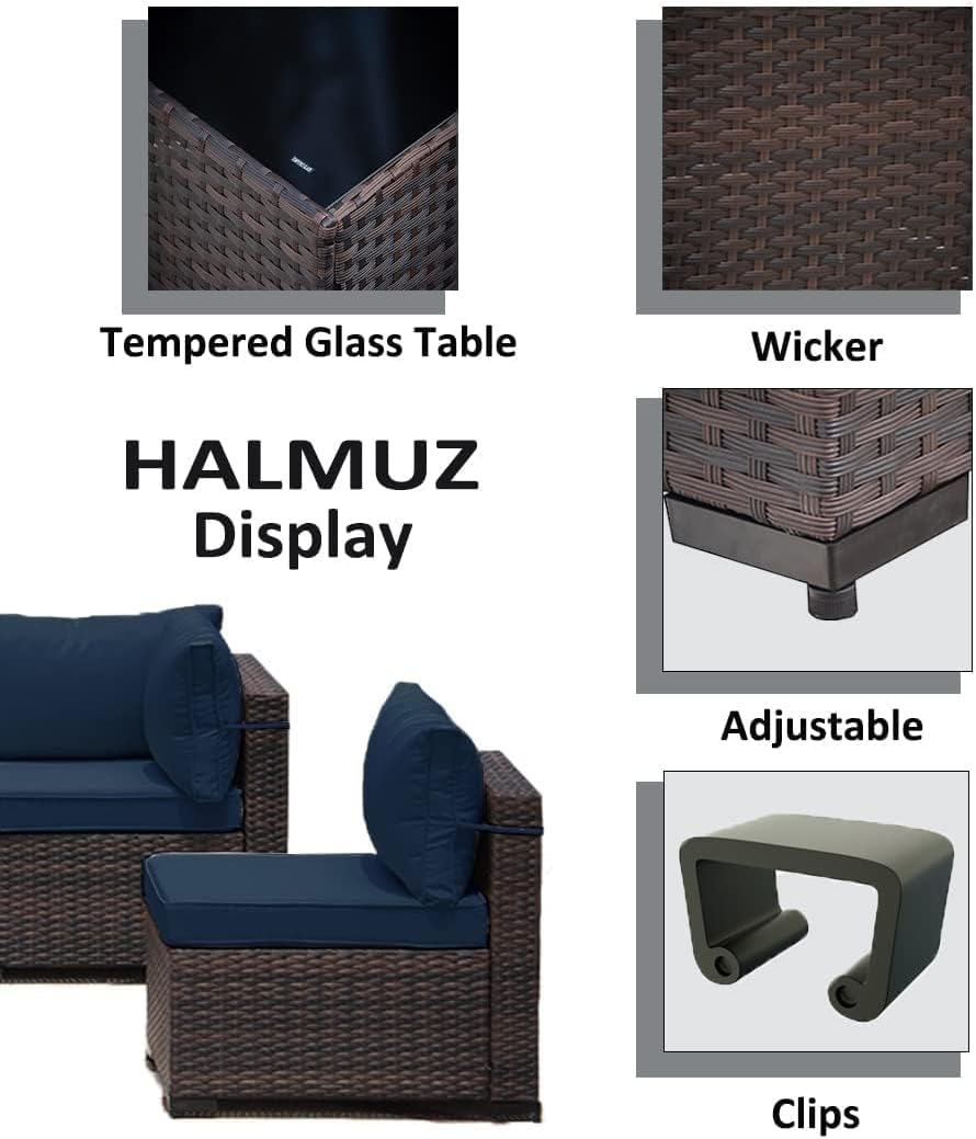 8 Pieces Outdoor Patio Furniture Sets w/55000 BTU Propane Fire Pit Table,Wicker Conversation Sofa,Includes 6 All-Weather High Back PE Rattan Seating Components w/Coffee Table&Gas Fire Pit,Navy