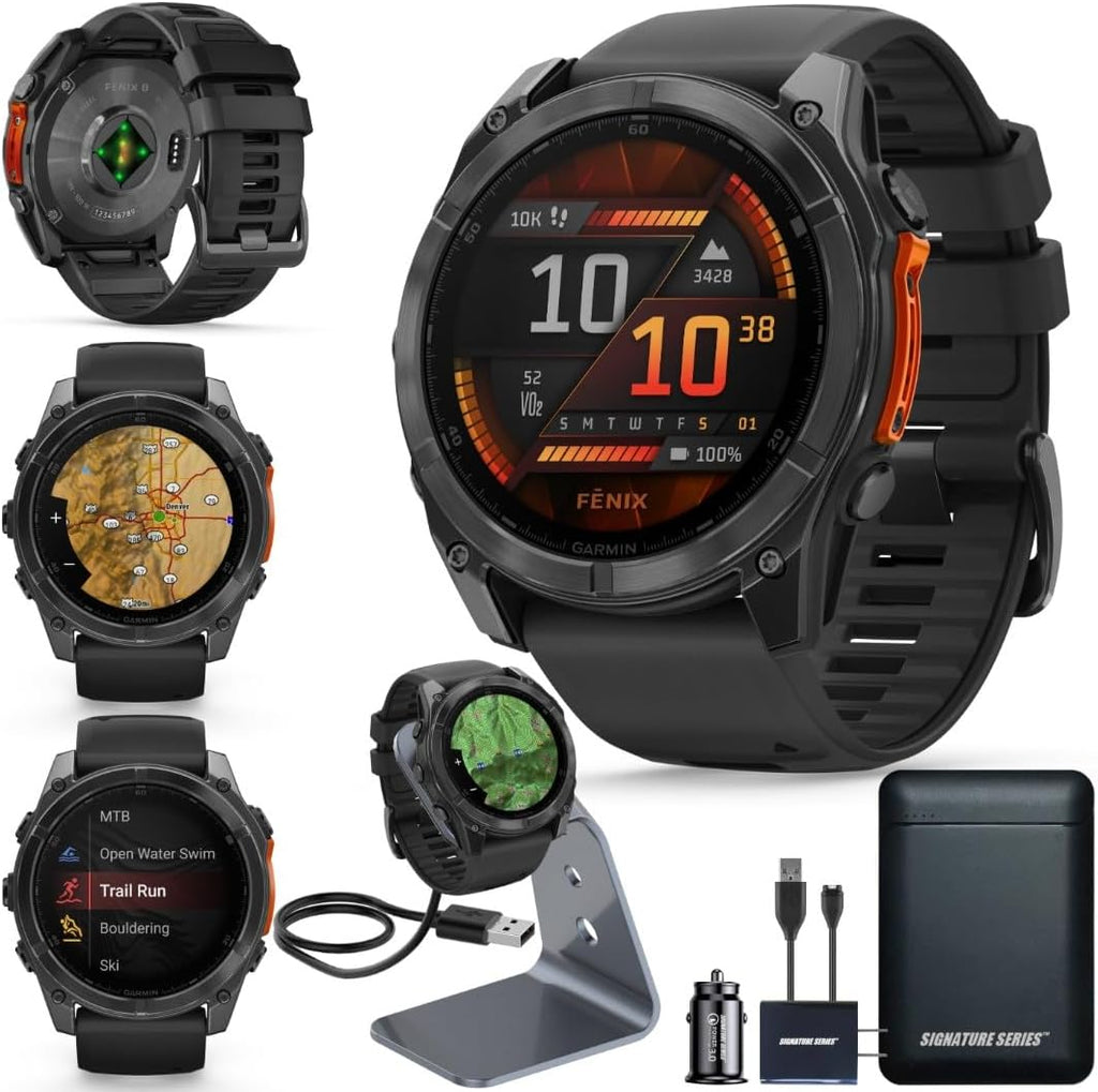 Garmin Fenix 8 Premium Multisport GPS Running Smartwatch, 51 mm | AMOLED, Dive-Rated, Built-in Flashlight | Slate Gray with Black Band with Signature Series Charging Stand