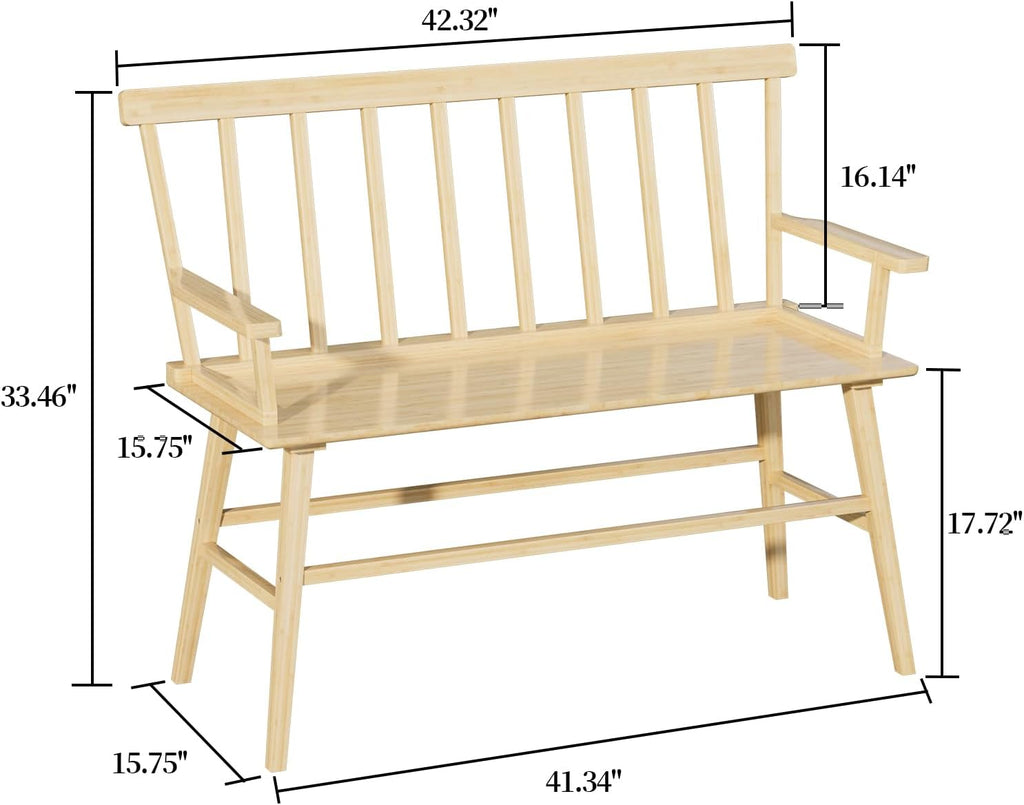 Dining Bench for Kitchen & Dining Room – Bamboo Wood Bench with Spindle Back & Armrests, Farmhouse Entryway Bench, Indoor Bedroom Bench, Versatile Entry Bench & Outdoor Bench Seating（Natural with Arm）