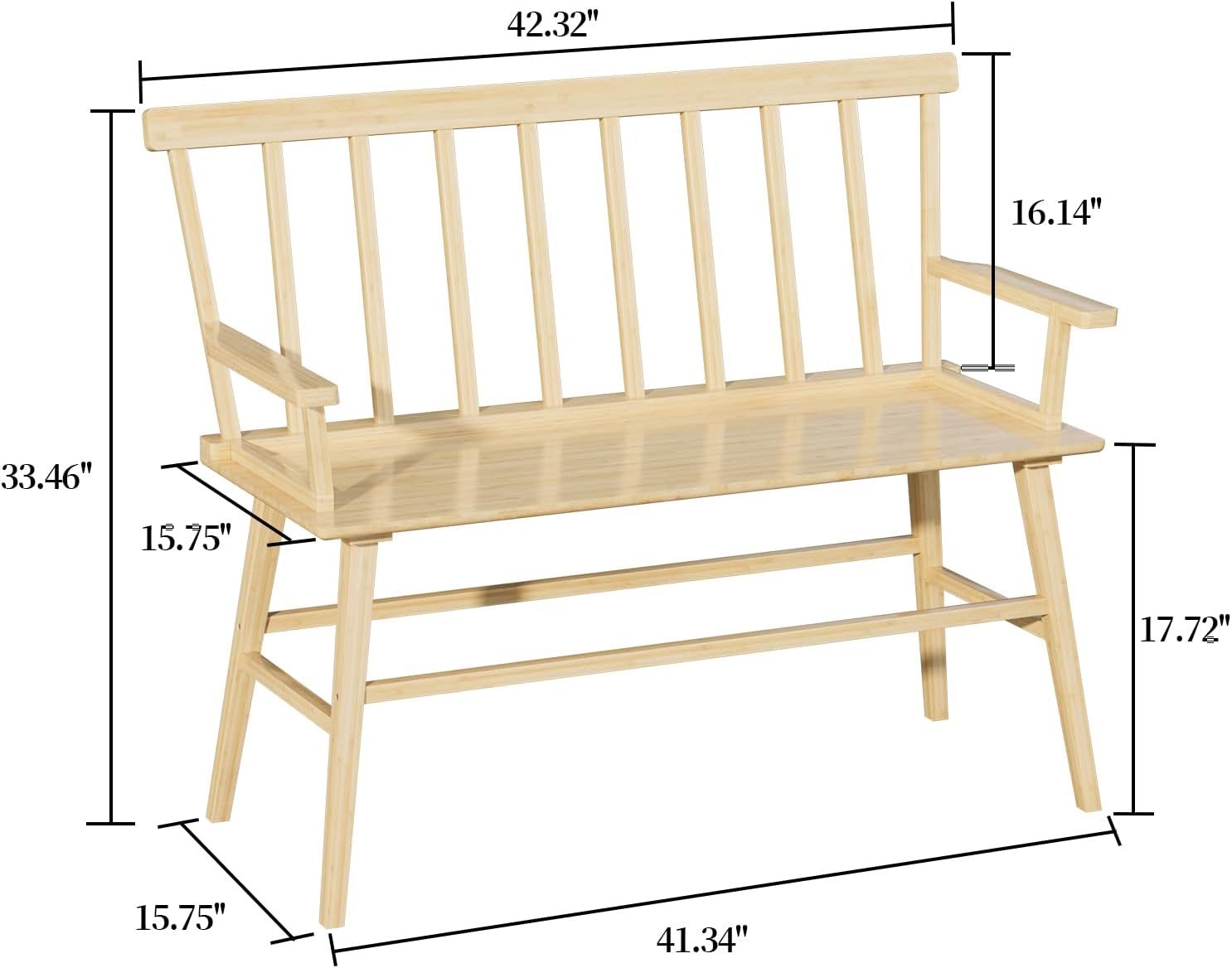 Dining Bench for Kitchen & Dining Room – Bamboo Wood Bench with Spindle Back & Armrests, Farmhouse Entryway Bench, Indoor Bedroom Bench, Versatile Entry Bench & Outdoor Bench Seating（Natural with Arm）