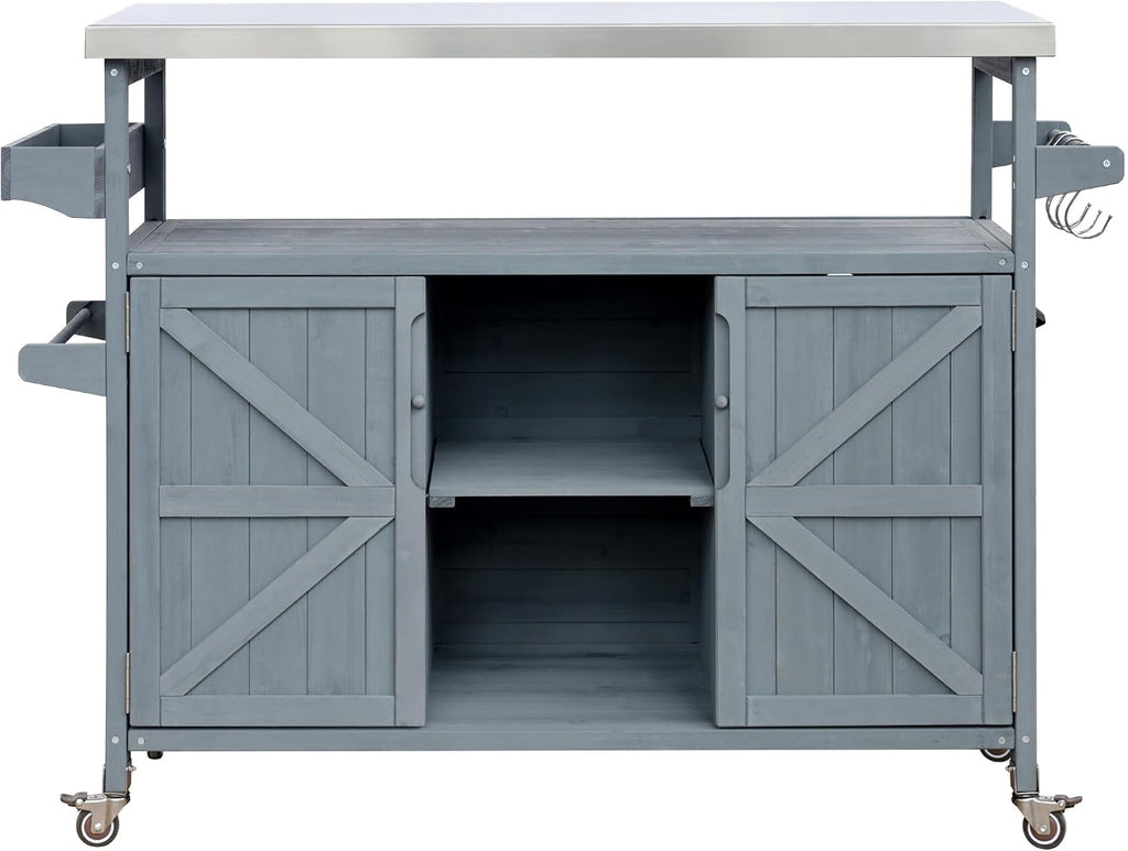 LUMISOL Outdoor Grill Cart with Stainless Steel Top, Kitchen Island with Storage Cabinet & Internal Storage Rack, Outdoor Bar Cart with Spice & Towel Rack, Grey Blue