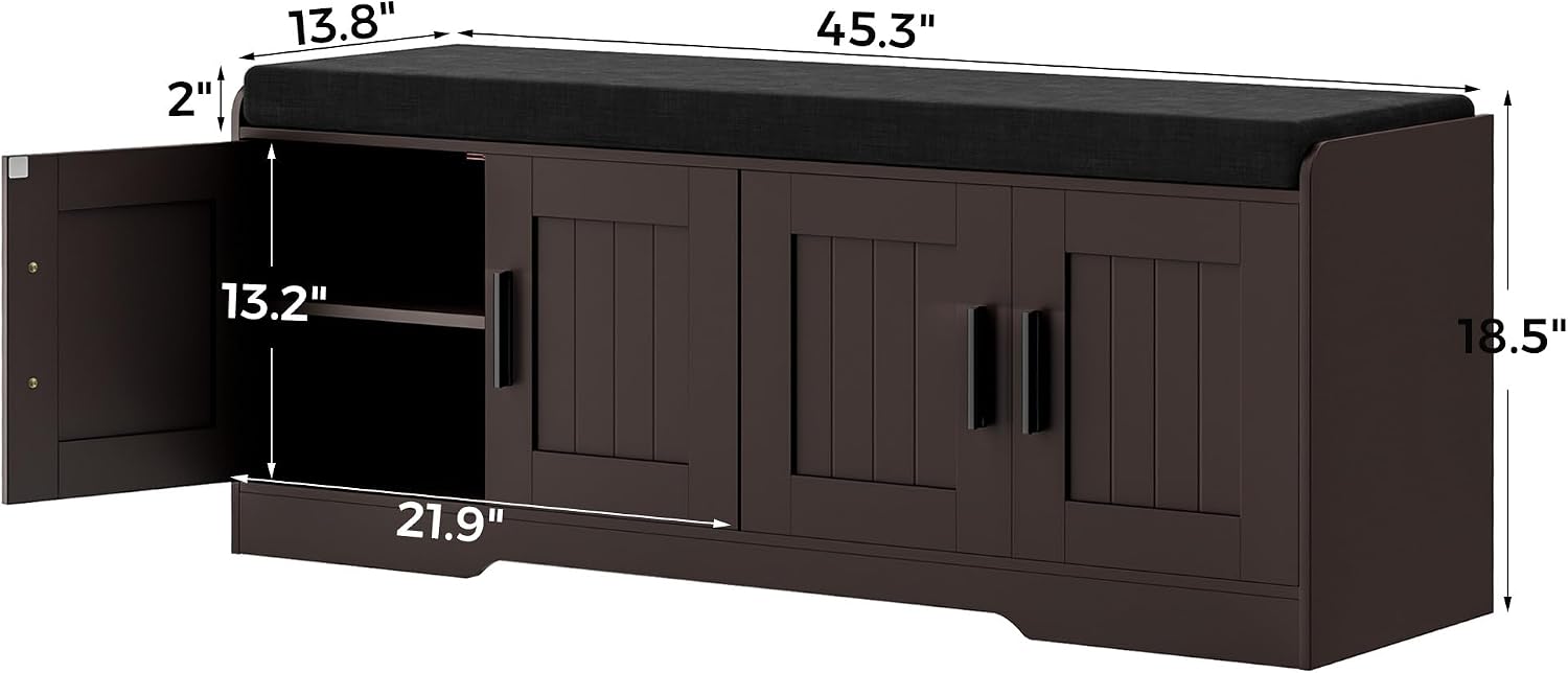 Homleke 2-Tier Storage Bench, Shoe Bench with Thickened Padded Seat Cushion, Entryway Bench with 4 Doors, Adjustable Shelf, 13.8' D x 45.3' W x 18.5' H, for Entryway, Living Room, Bedroom, Brown